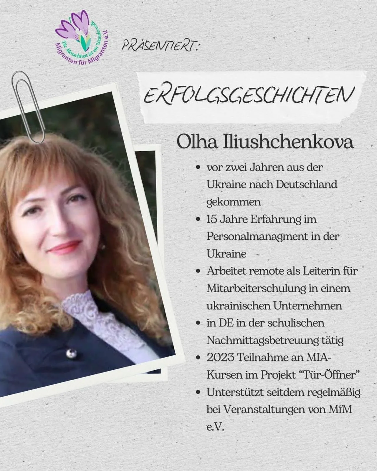 Olha zeigt, wie viel Kraft und Potenzial in einem Neustart steckt.
Mit &uuml;ber 15 Jahren Erfahrung im Personalmanagement, einem beeindruckenden Engagement &ndash; sowohl beruflich als auch ehrenamtlich &ndash; und ganz viel Herz bereichert sie unse