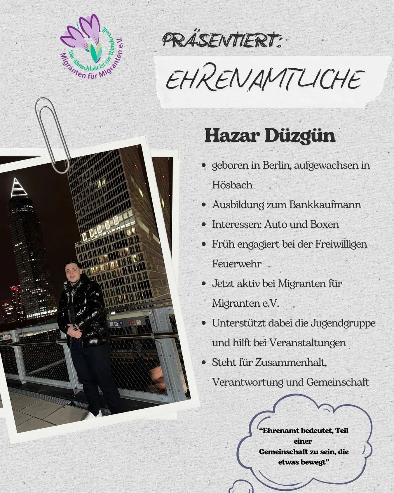 💪 Ehrenamt bewegt &ndash; und verbindet!

Unser Ehrenamtlicher wurde in Berlin geboren, ist in H&ouml;sbach aufgewachsen und schlie&szlig;t bald seine Ausbildung zum Bankkaufmann ab.
Seine Leidenschaft gilt Autos 🚗 und Boxen 🥊 &ndash; und sein Her