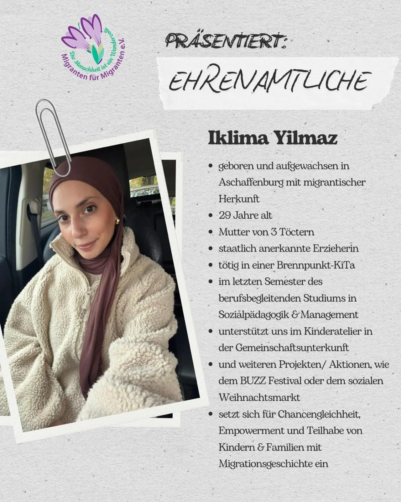 Von Aschaffenburg aus in die p&auml;dagogische Welt ist Iklima Yilmaz gestartet &ndash; mit Herz, Engagement und einer starken Vision f&uuml;r Kinder.
Iklima Yilmaz begleitet gefl&uuml;chtete Kinder im Kinderatelier, unterst&uuml;tzt regelm&auml;&szl