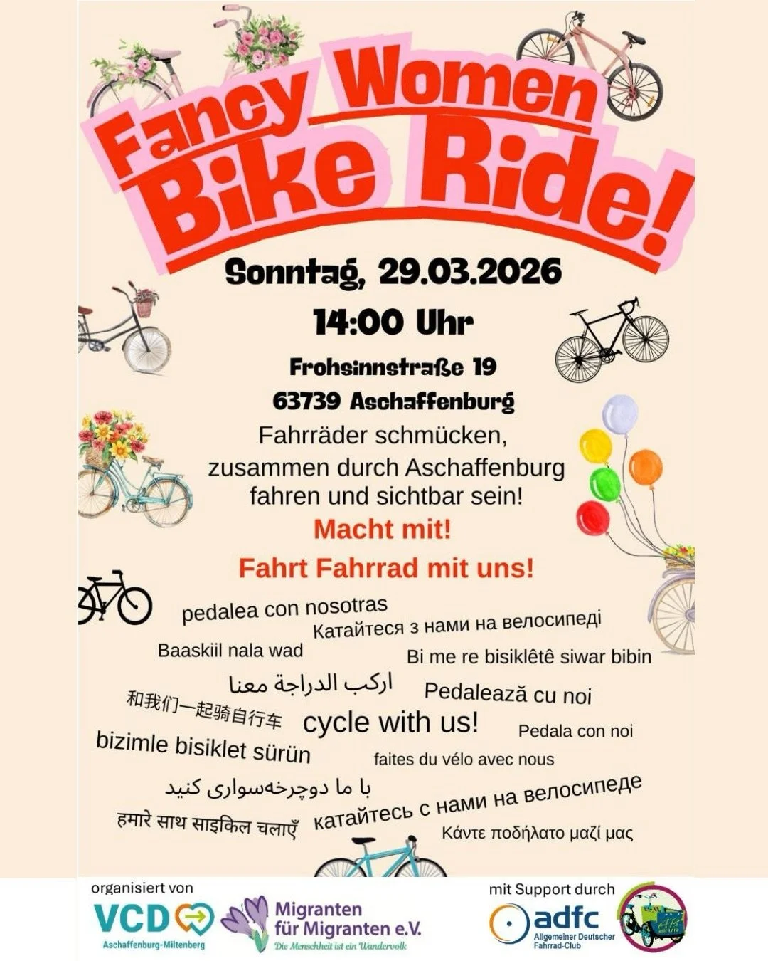 🚲🚲🚲🚲🚲🚲🚲🚲🚲🚲
&bdquo;Fancy Women Bike Ride&ldquo; 
&ndash; Gemeinsam radeln f&uuml;r Freiheit, Vielfalt und Mobilit&auml;t

Der Fancy Women Bike Ride ist eine bunte, feministische Fahrradtour. &bdquo;Fancy Women Bike Ride&ldquo; &ndash; Gemein