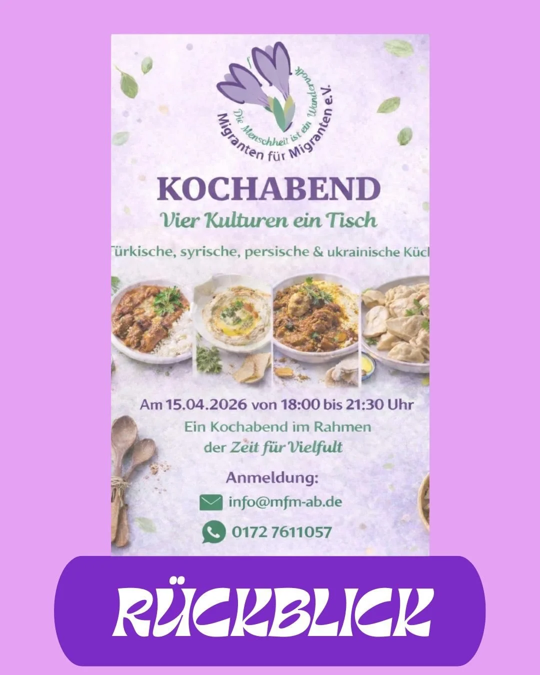 Ein Tisch, vier kulinarische Reisen! ✨
Am 15.04.2026 haben wir im Rahmen von &bdquo;Zeit f&uuml;r Vielfalt&ldquo; die Kochl&ouml;ffel geschwungen. Es war ein Abend voller Aromen, Austausch und herzlicher Gemeinschaft. Unsere K&ouml;chinnen und K&ouml