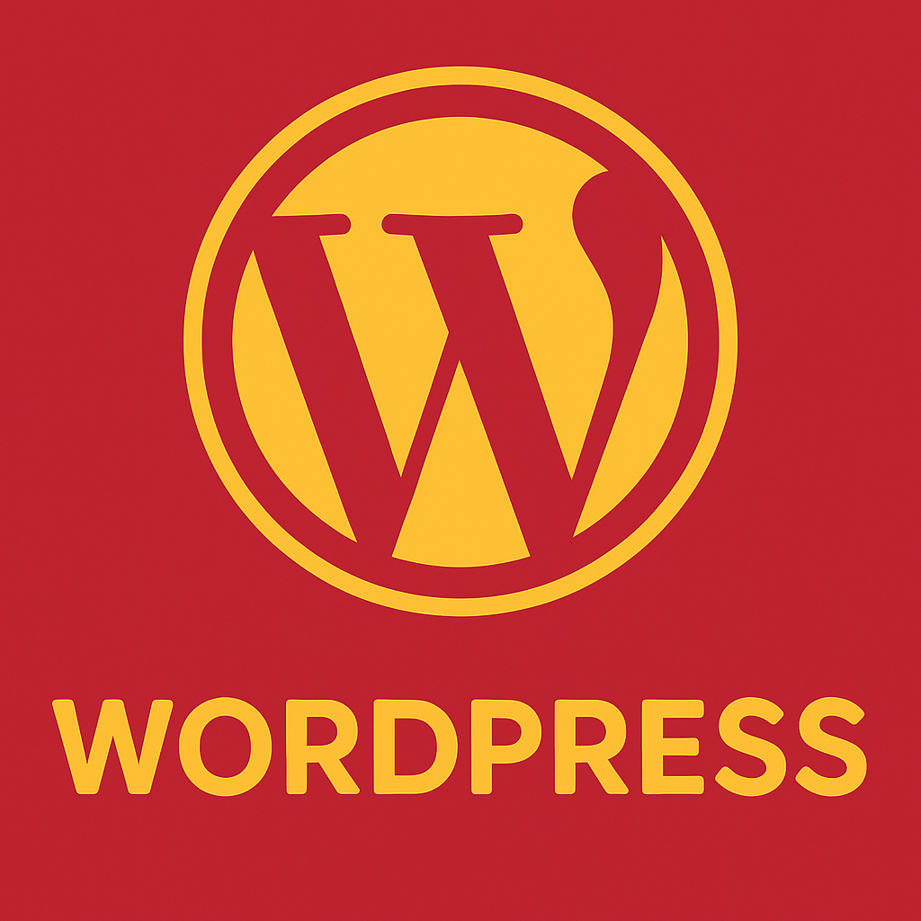 Wordpress Logo with a yellow circle containing a stylized 'W' on a red background, with the word 'WordPress' written below in yellow.