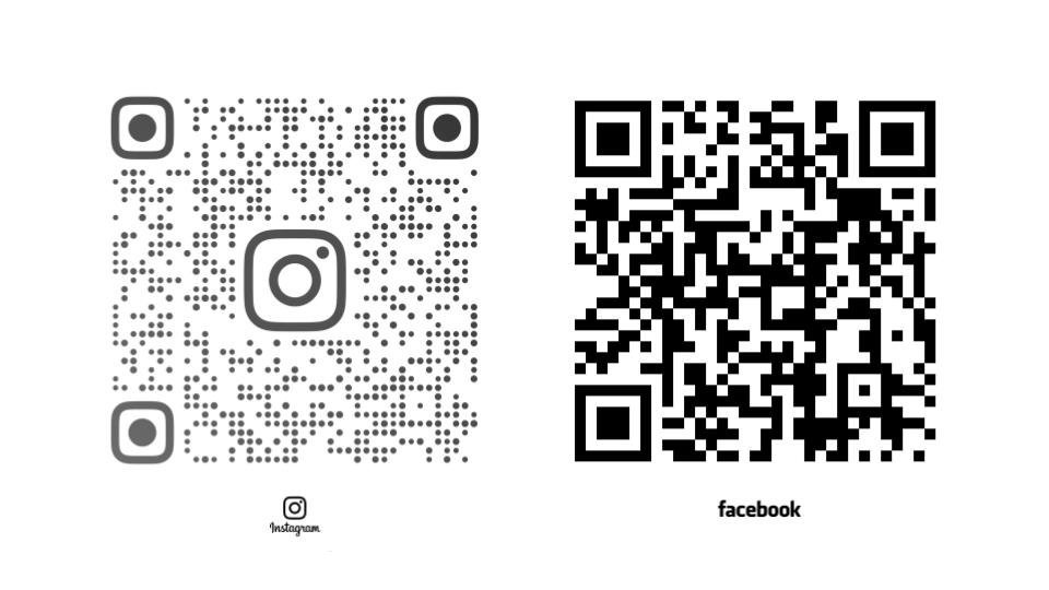 Two QR codes, one for Instagram on the left and one for Facebook on the right.