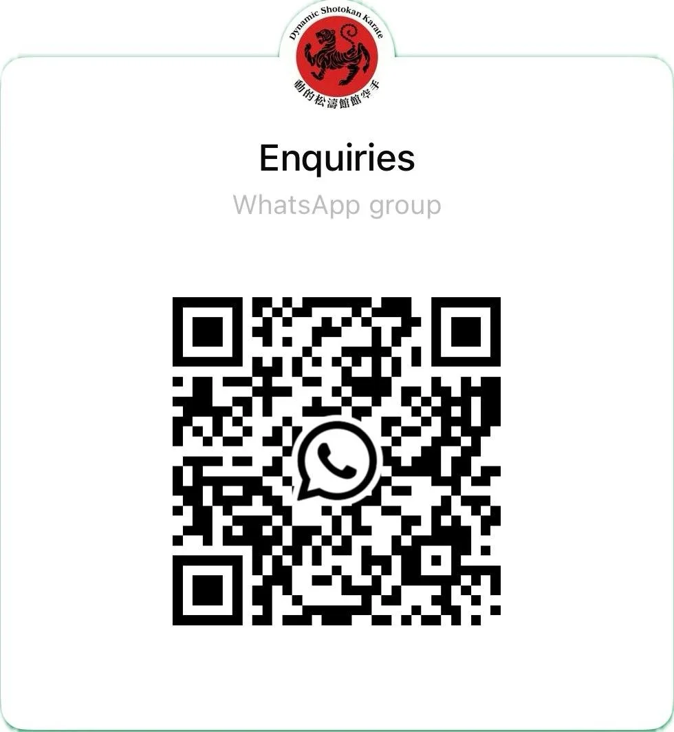 A business card with a logo at the top featuring a red and black tiger and Chinese characters, titled 'Enquiries,' with a QR code for WhatsApp contact in the center.