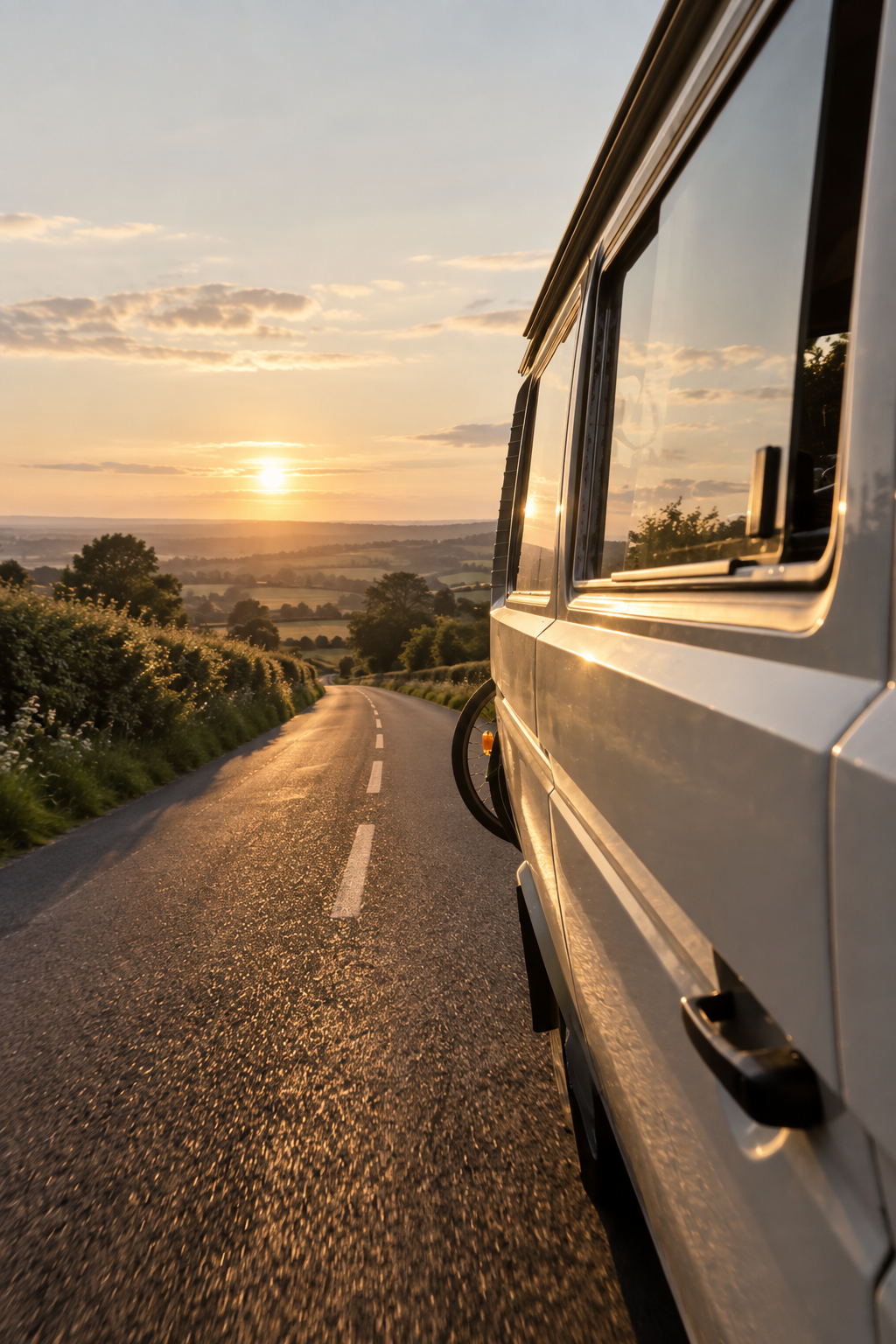 Campervan on a quiet country road through the Somerset countryside at golden hour