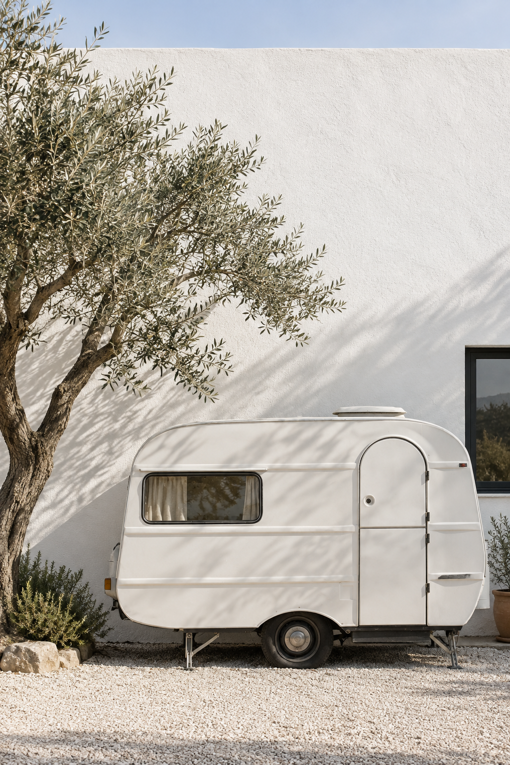 White touring caravan in a peaceful rural countryside setting