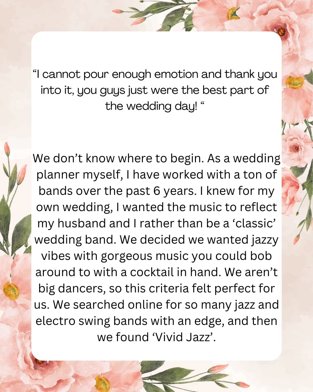 The review you want to be writing about your wedding musicians. Another great reason to book Vivid Jazz. Thanks so much to Aby &amp; Mike Xxx.#pylewellpark #gingercateringco #theluxecollectionuk #the_secret_stylists #newforeststudio