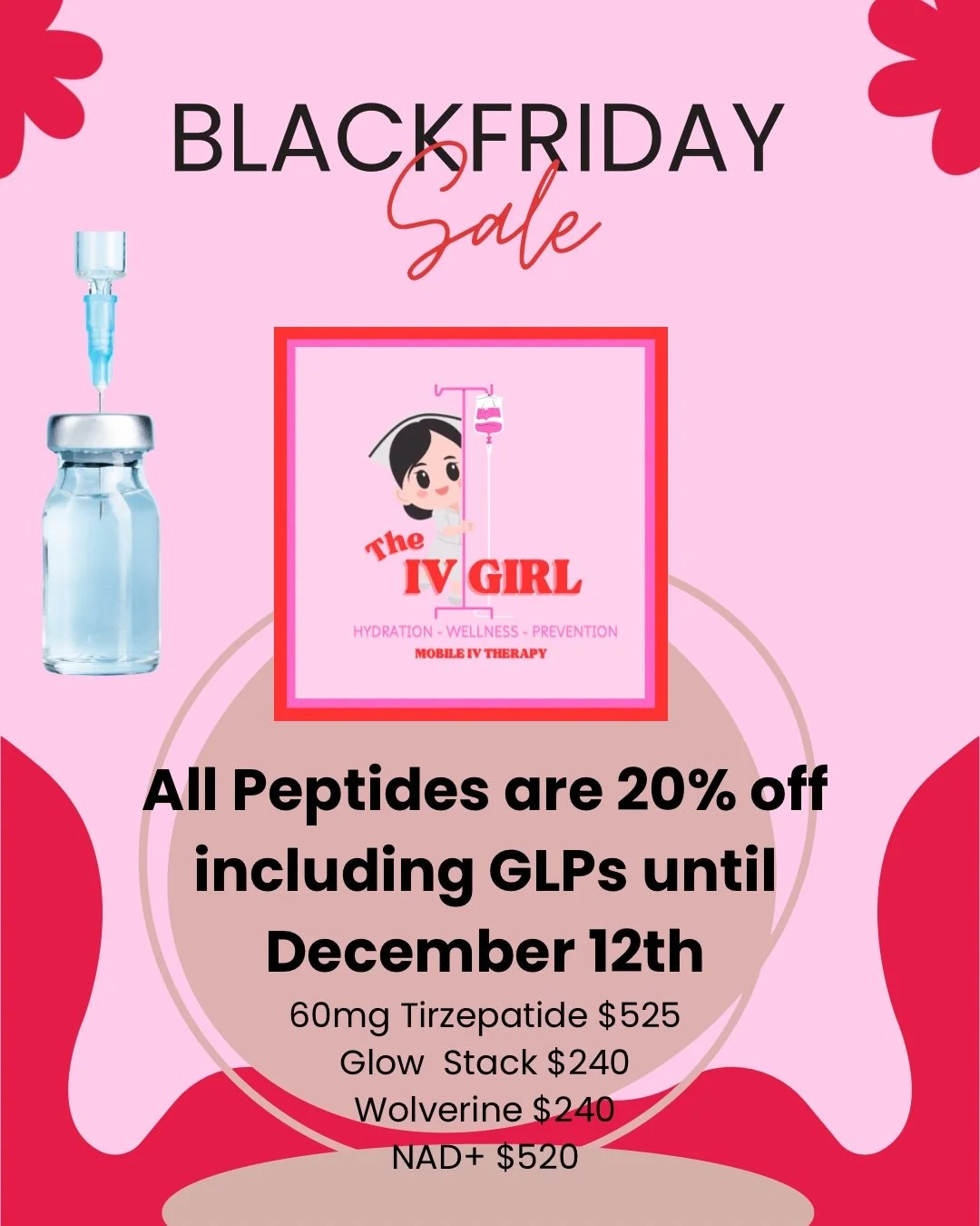 Who doesn&rsquo;t love a sale! ALL peptides and IV packages on sale for Black Friday and small business Saturday. DM me or text me at 928&ndash;5 03&ndash;5012 to book an appointment.

Reminder IV services will not be available Wednesday through Frid