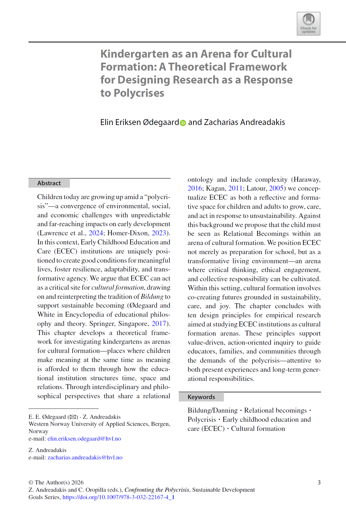 Kindergarten as an arena for cultural formation: A theoretical framework for designing research as a response to polycrises