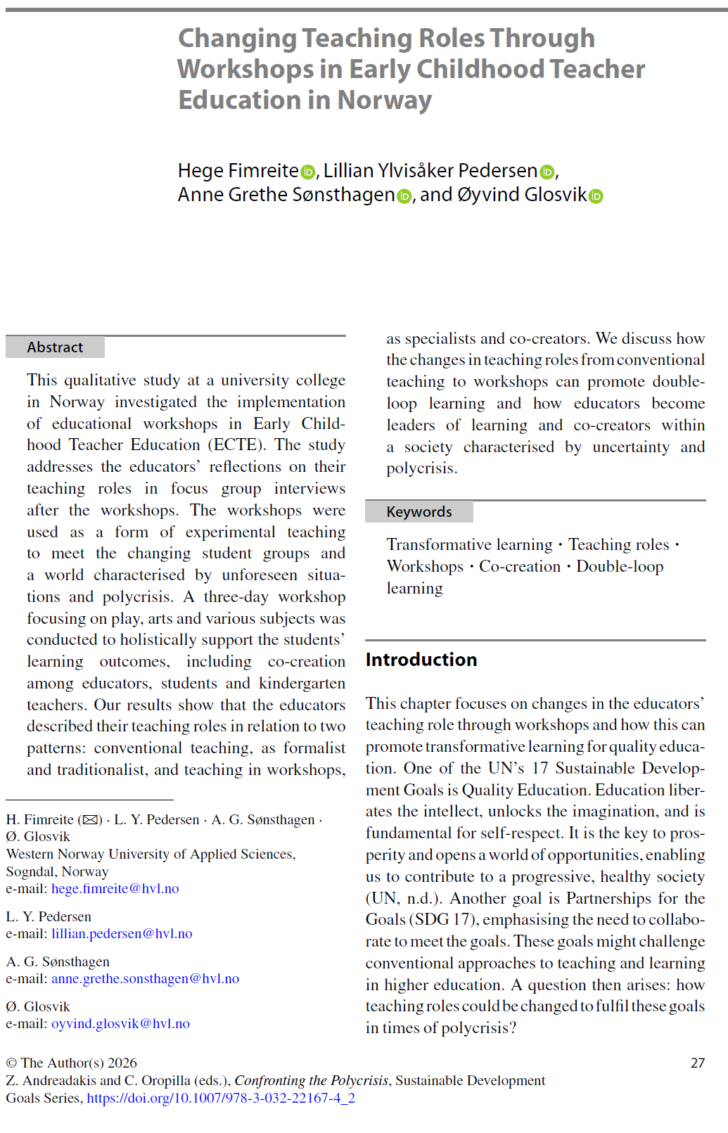 Changing teaching roles through workshops in early childhood teacher education in Norway