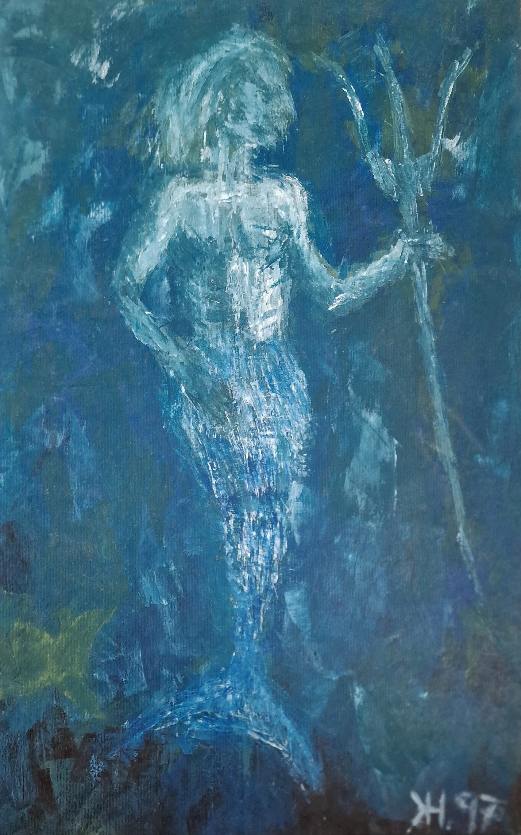 Ein abstruntes Gemälde eines Mädchens mit weißem Kleid, das einen Baum hält, in dunklen Blau- und Grüntönen.