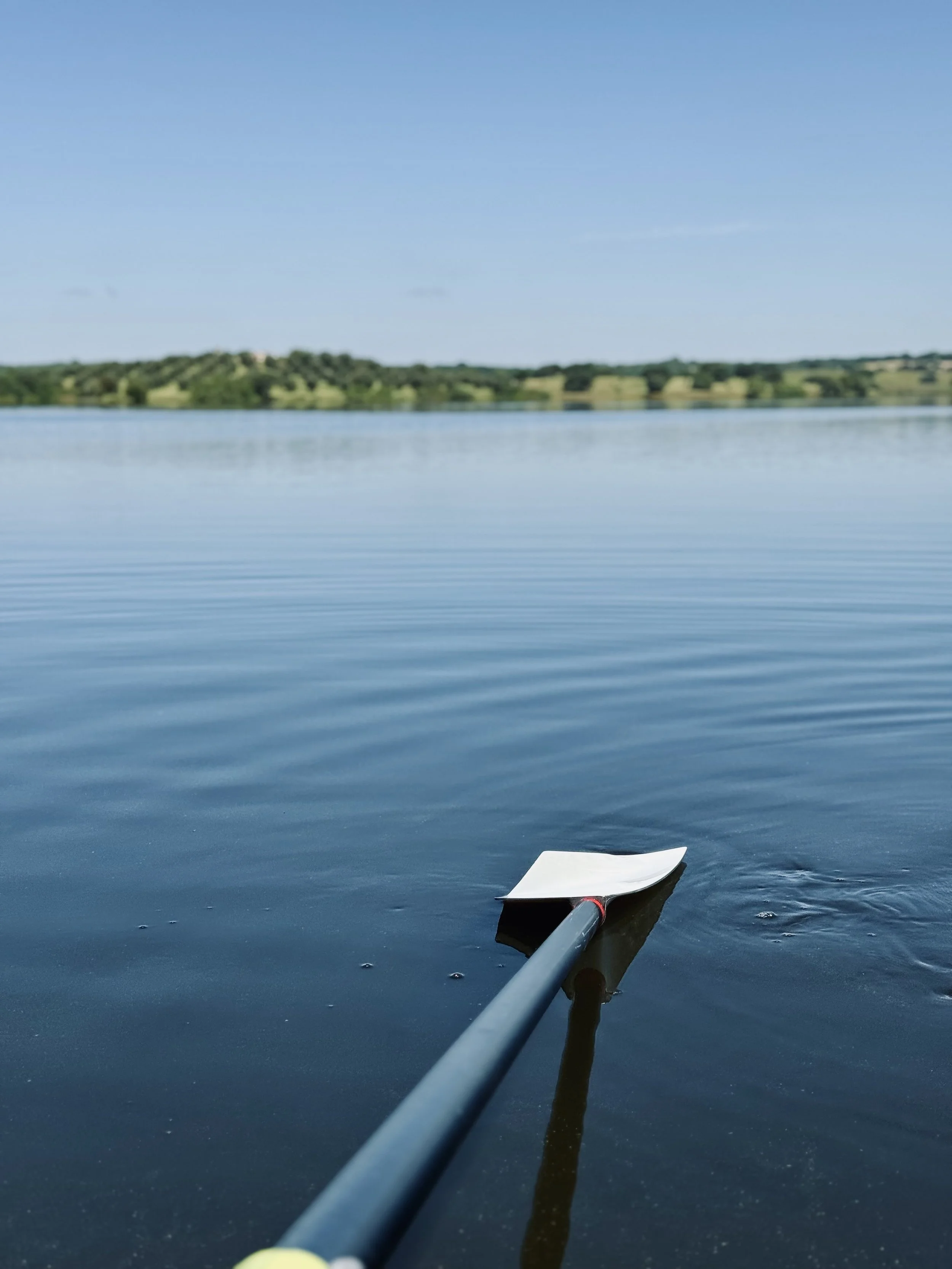 A paddle partially submerged in calm lake water with a gentle ripple, with a distant shoreline and green hills under a clear blue sky.