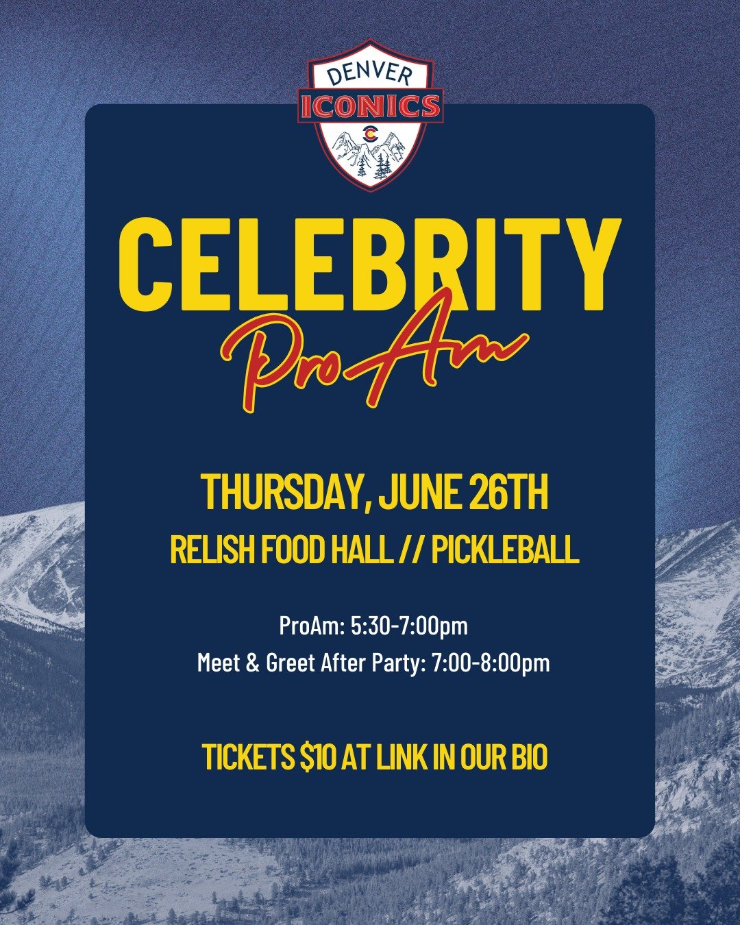 Mark your calendar for June 26th and head to Relish Food Hall // Pickleball for an unforgettable Celebrity ProAm celebration in partnership with @rockymountainpikl! Grab your ticket today to watch the Denver Iconic on the court with Colorado&rsquo;s 