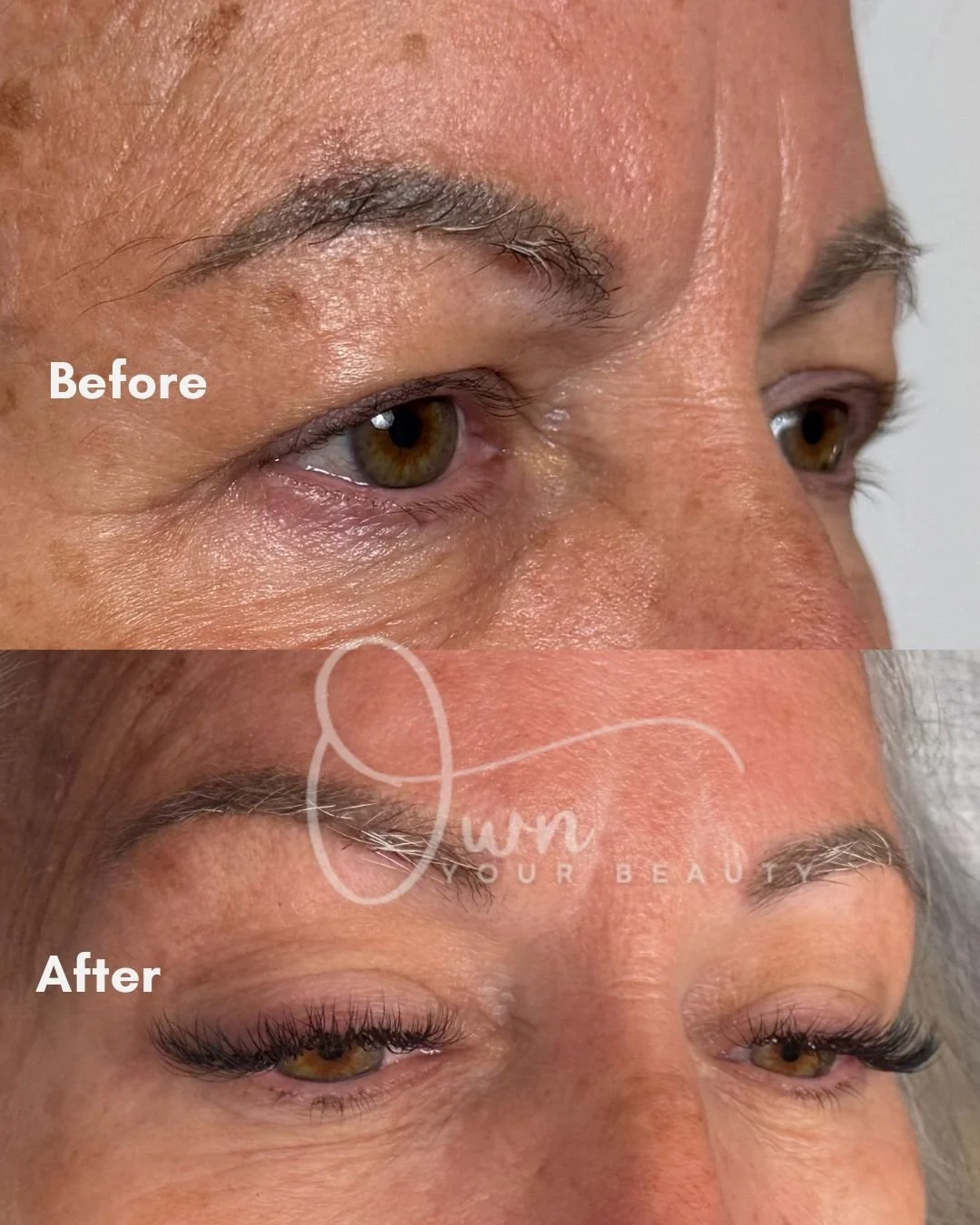 Before and after classic lash extensions on mature client at Own Your Beauty West Palm Beach showing full natural lash transformation with individual extensions