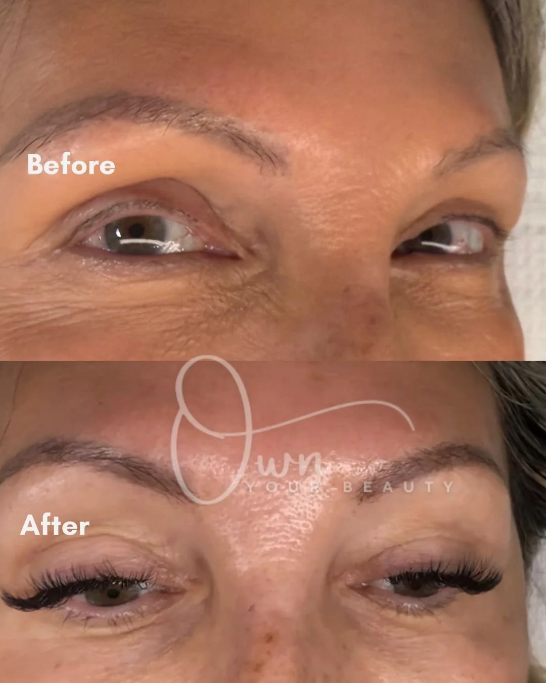 Classic lash extensions before and after transformation by Own Your Beauty — natural lash enhancement showing dramatic length and definition results on a mature client in West Palm Beach, Florida.