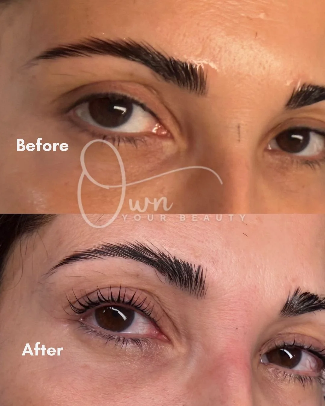 Lash lift before and after showing dramatic difference from straight downward pointing natural lashes to beautifully curled lifted lashes at Own Your Beauty Wellington, Florida