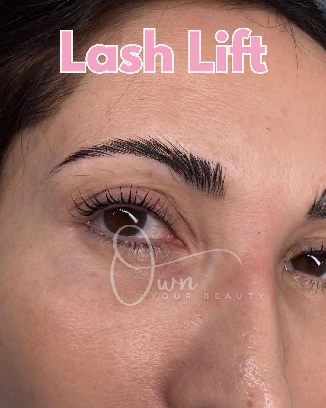 Lash lift before and after transformation at Own Your Beauty Wellington Florida showing naturally curled lifted lashes without extensions on dark haired client