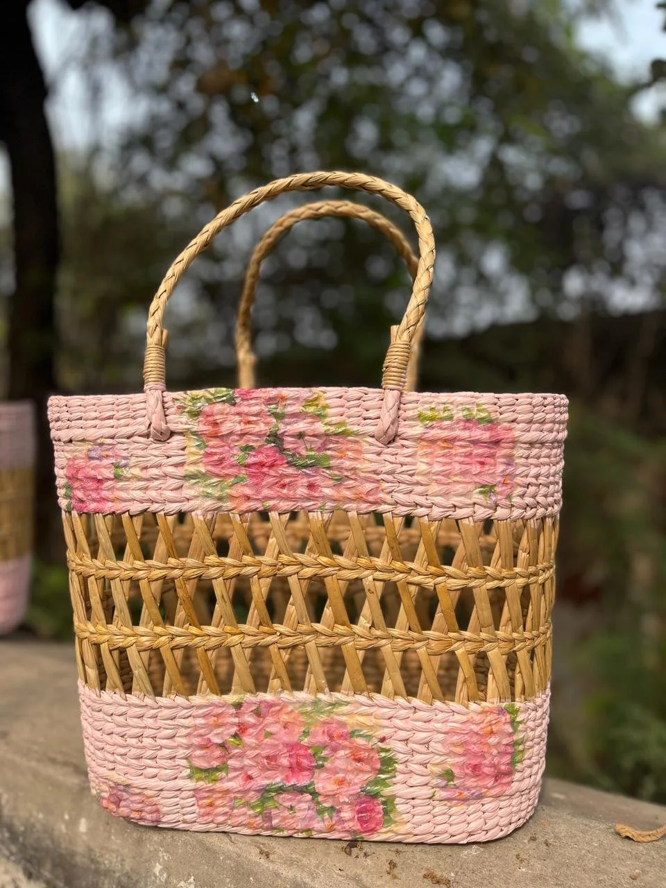 Seagrass Decoupage Basket with Handles - Pink Blush
