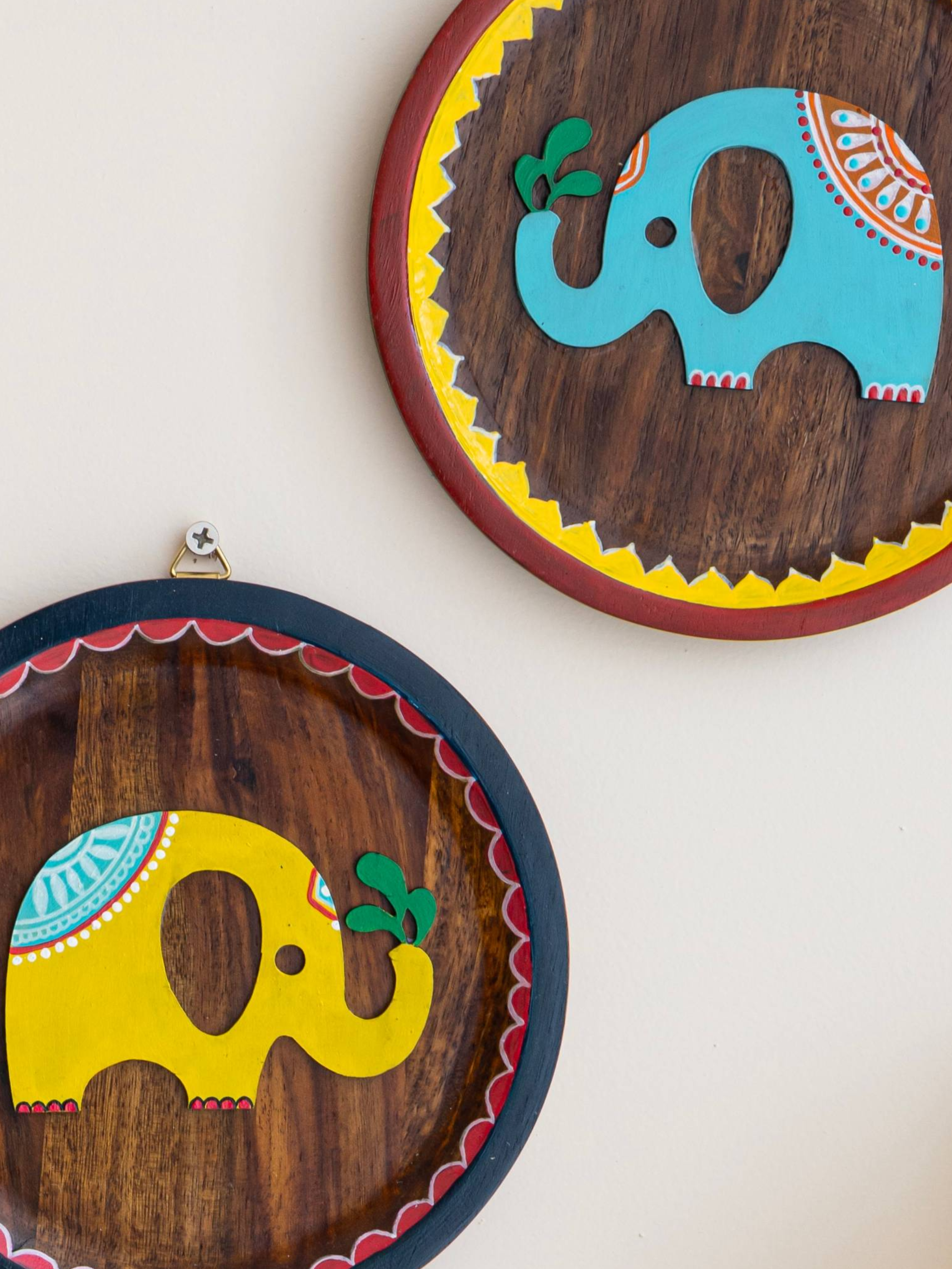 Handpainted Baby Elephants Wooden Wall Plates- Set of Two (Round)