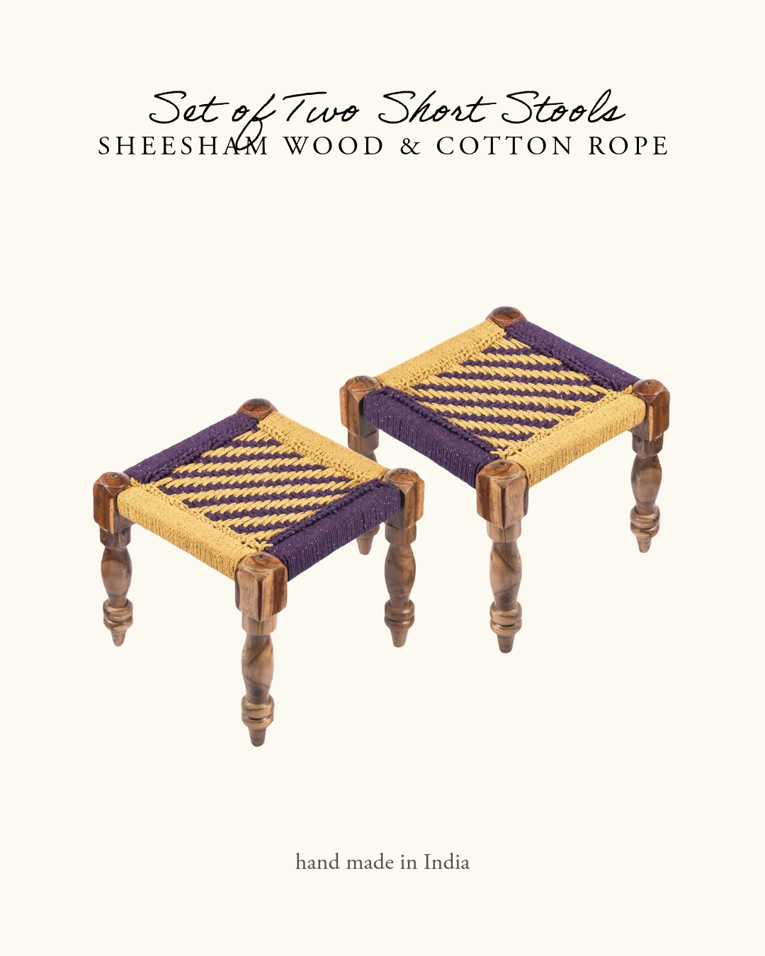 Short Stool, Sheesham Wood & Cotton Rope- Purple & Yellow