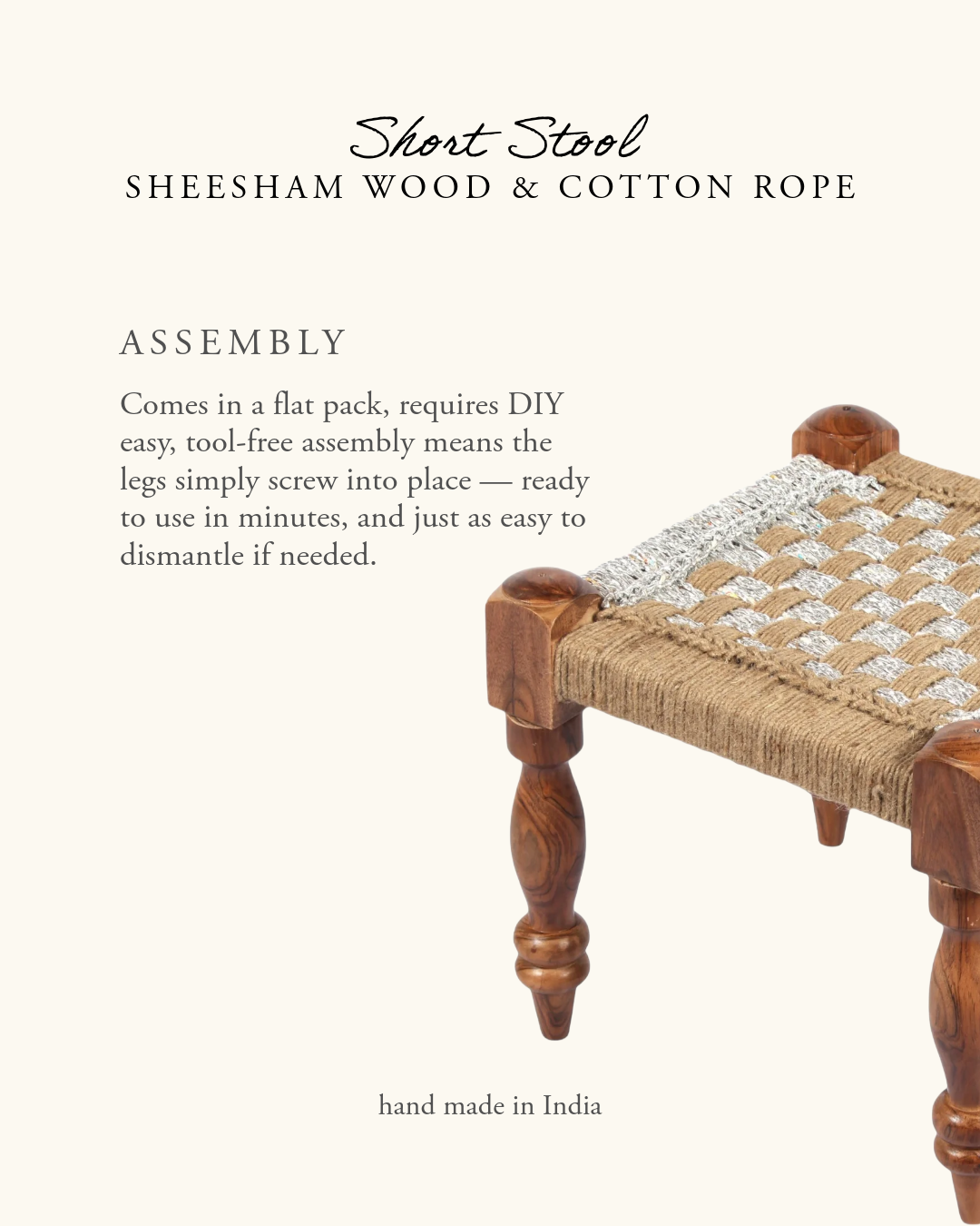Short Stool, Sheesham Wood & Cotton Rope- Natural Jute & Silver — A ...