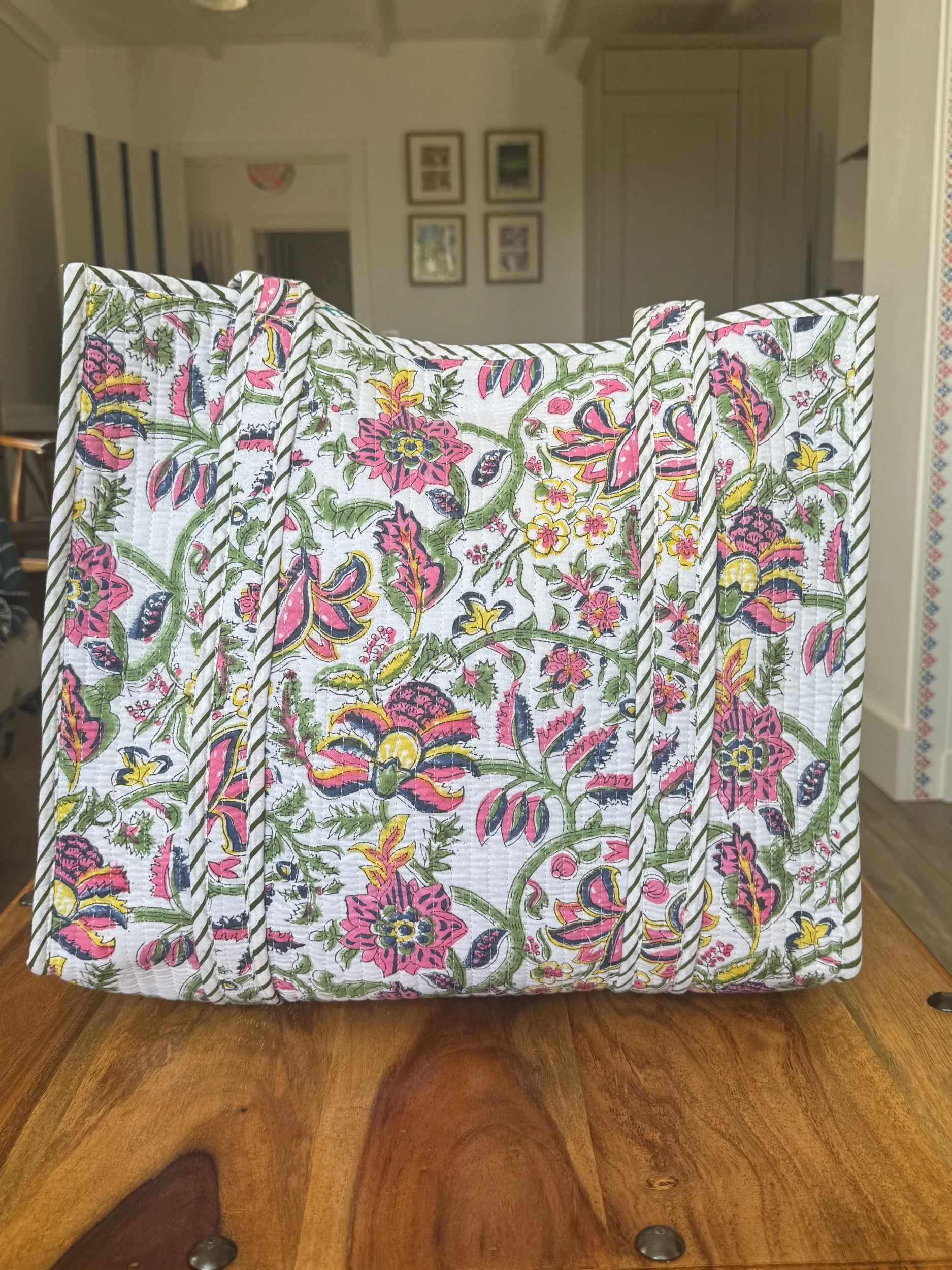 Quilted Cotton Tote Bag – Jaipur Floral Block Print Shoulder Bag- White
