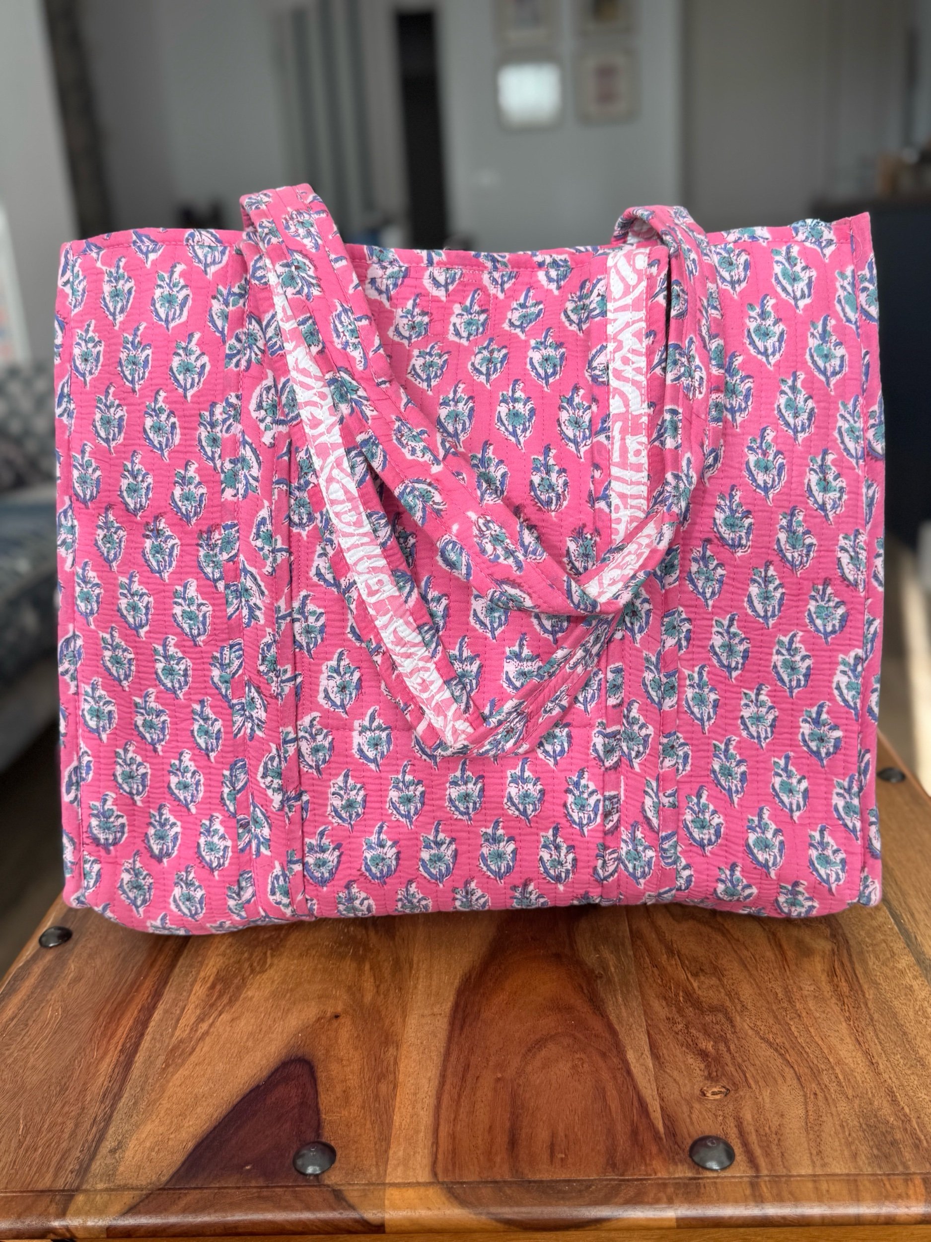 Quilted Cotton Tote Bag – Jaipur Floral Block Print Shoulder Bag- Mauve