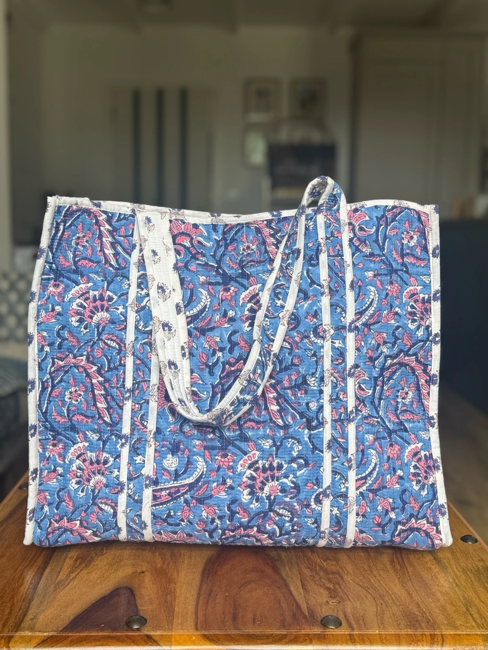 Quilted Cotton Tote Bag – Jaipur Floral Block Print Shoulder Bag- Blue & White
