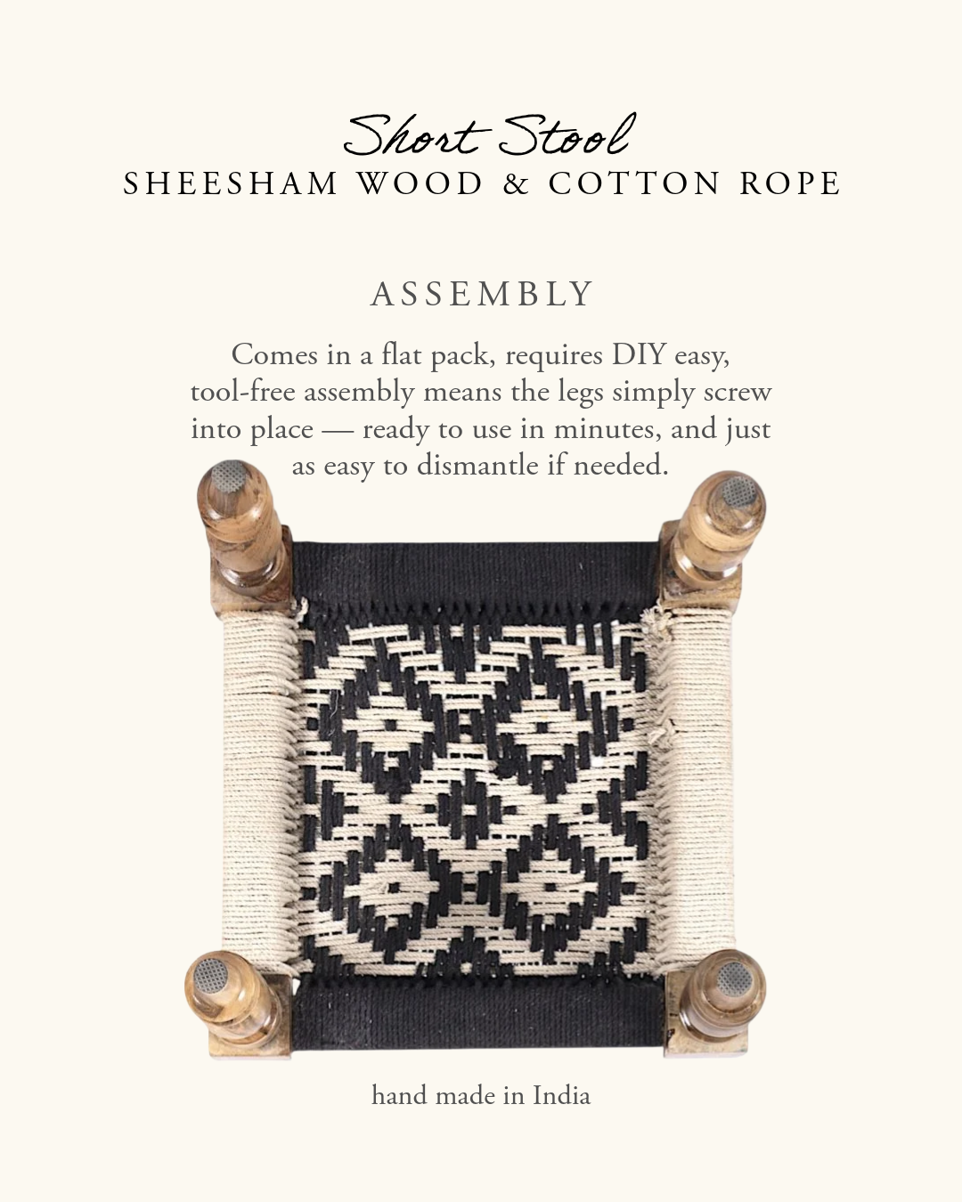 Short Stool, Sheesham Wood & Cotton Rope- Black & White — A Touch of India