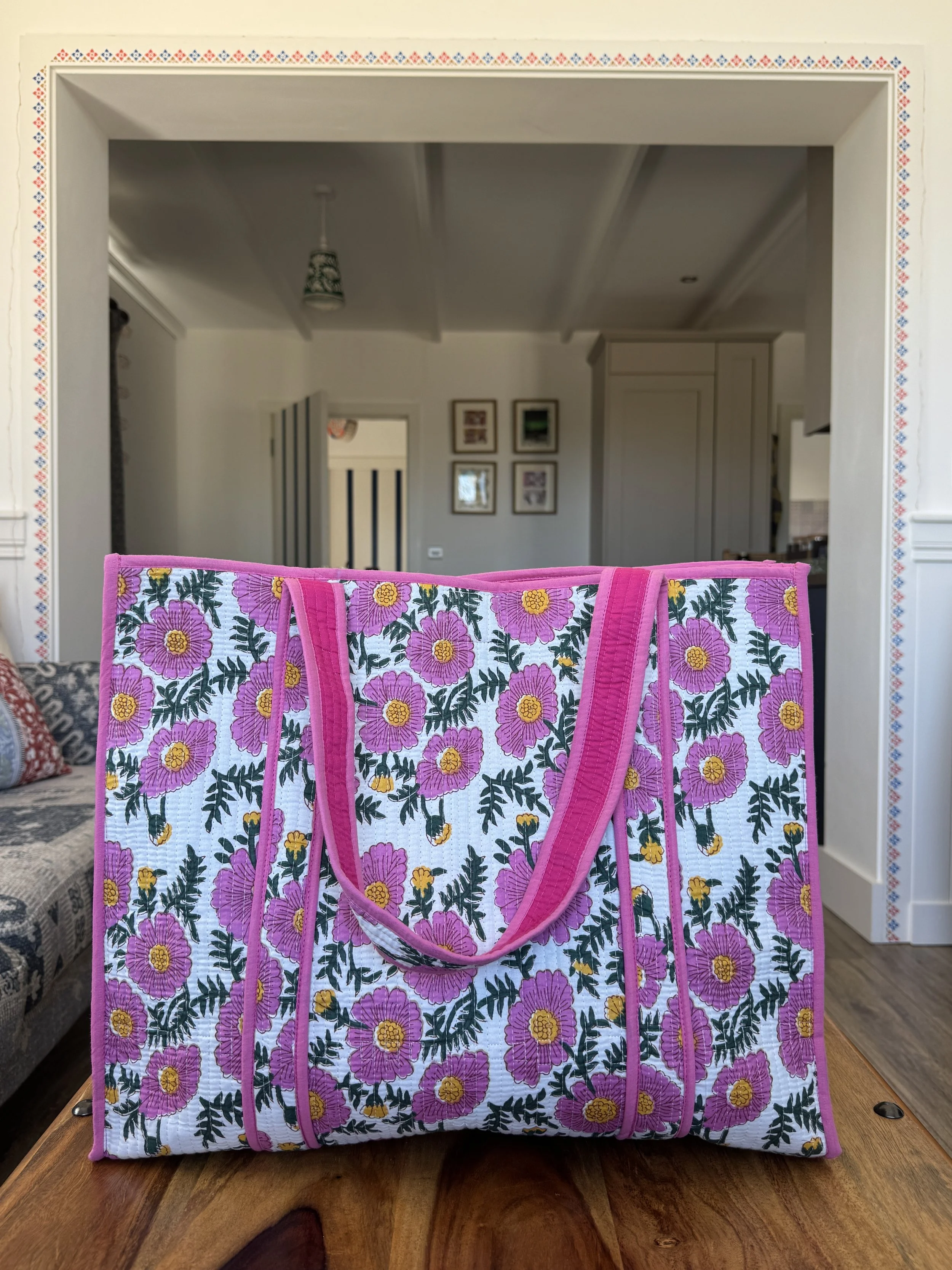 Quilted Cotton Tote Bag – Jaipur Floral Block Print Shoulder Bag- Hot Pink