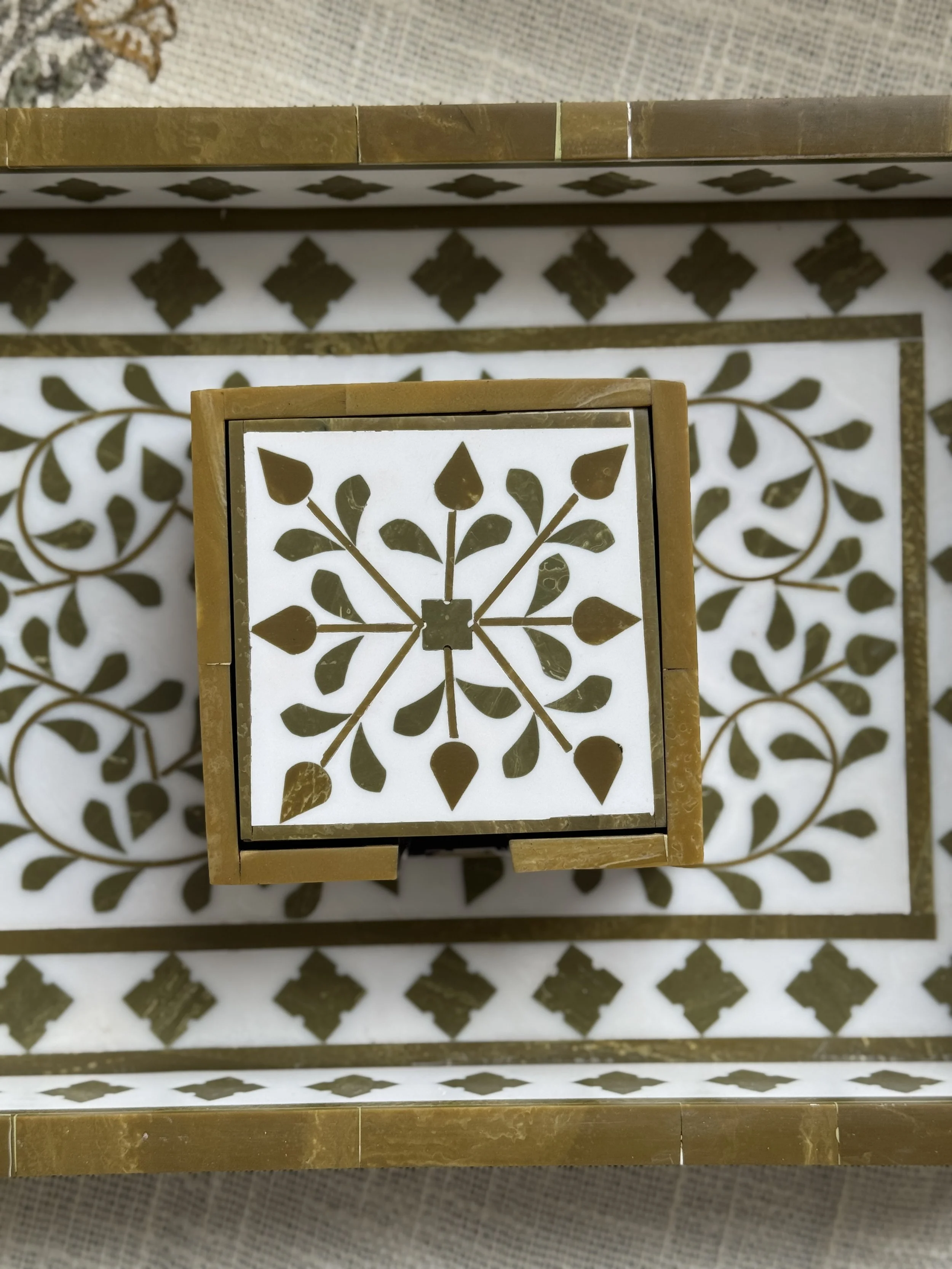 Set of 6 Inlay Coasters with Case- Olive