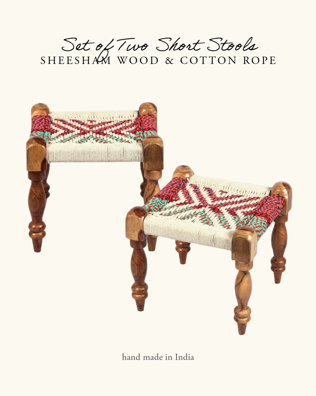 Short Stool, Sheesham Wood & Cotton Rope- Red & Green