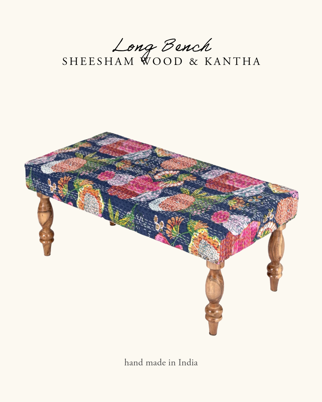Indian Bench, Sheesham Wood & Kantha- Blue