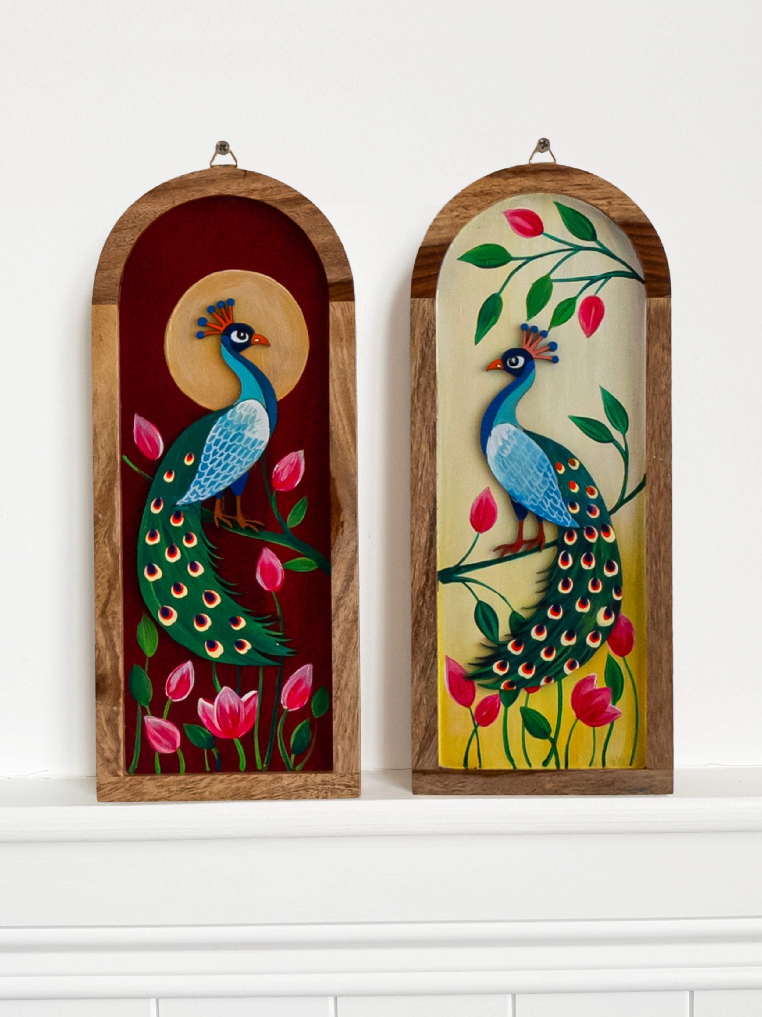Handpainted Peacock Wooden Wall Plates- Set of Two