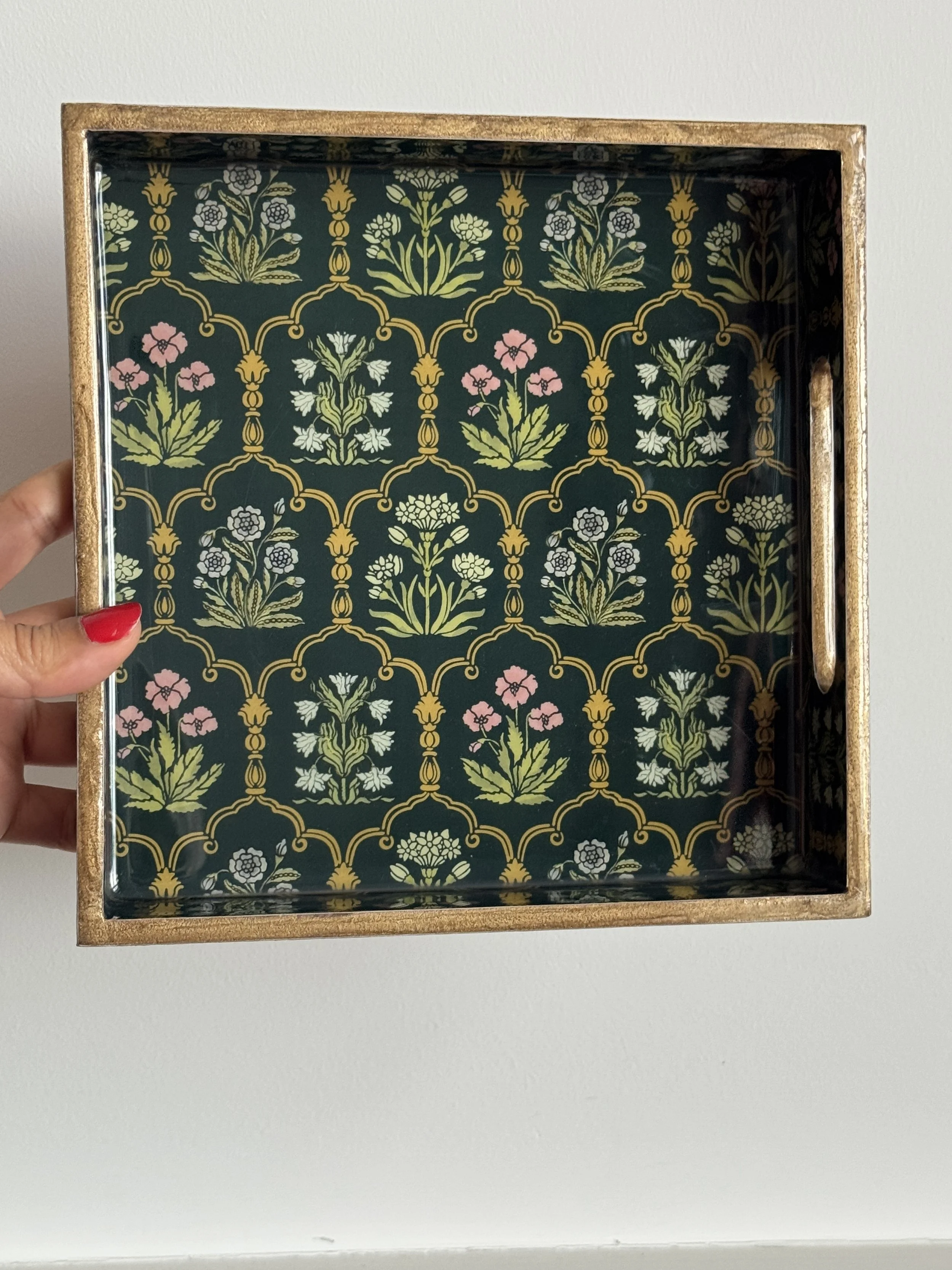 Wood Square Tray- Mahraab (Teal Green)