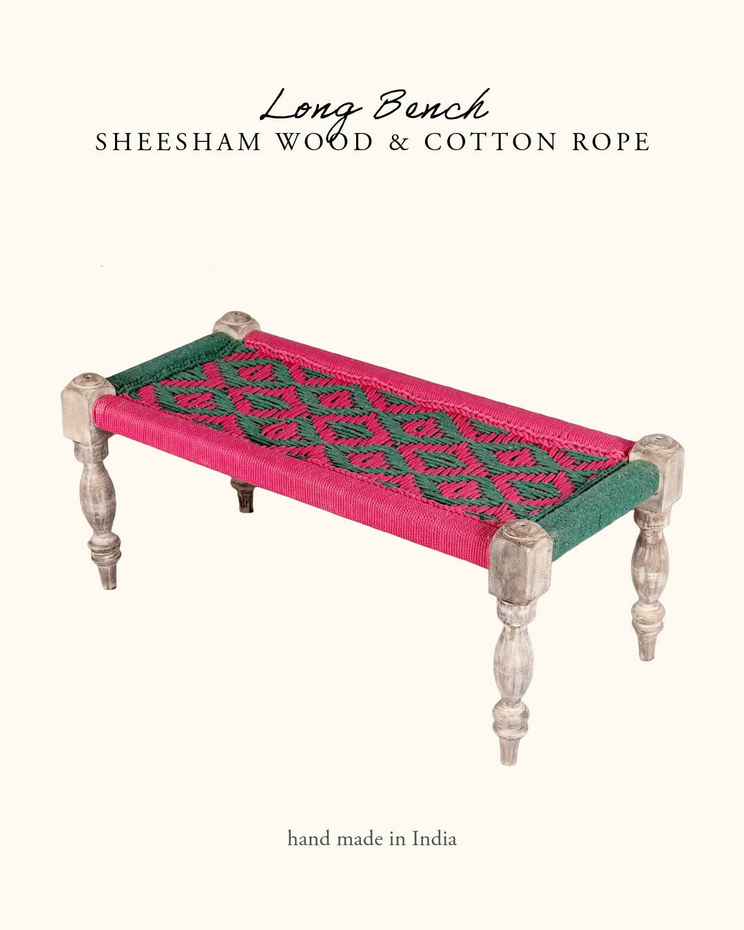 Indian Bench, Sheesham Wood & Cotton Rope- Pink & Green