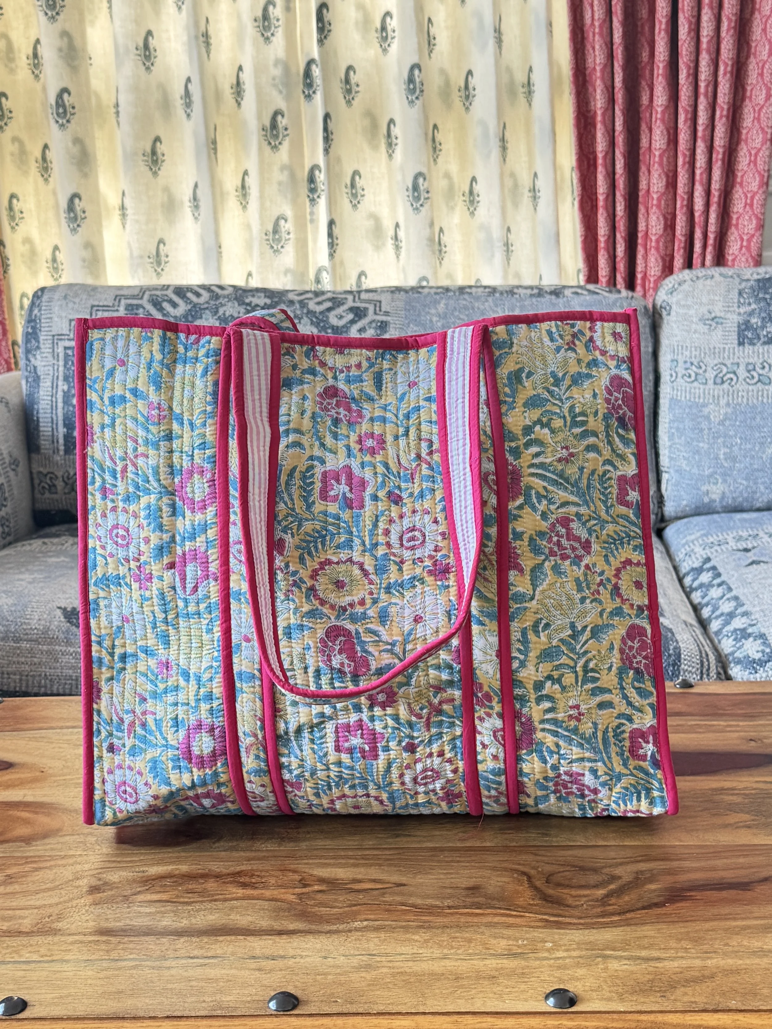 Quilted Cotton Tote Bag – Jaipur Floral Block Print Shoulder Bag- Hot Pink & Yellow