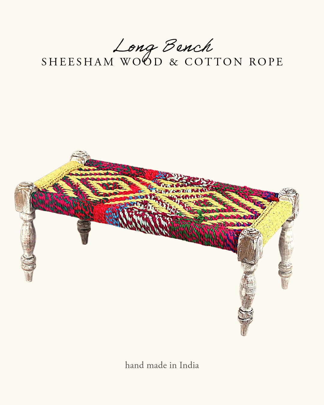 Indian Bench, Sheesham Wood & Cotton Rope- Multicolour