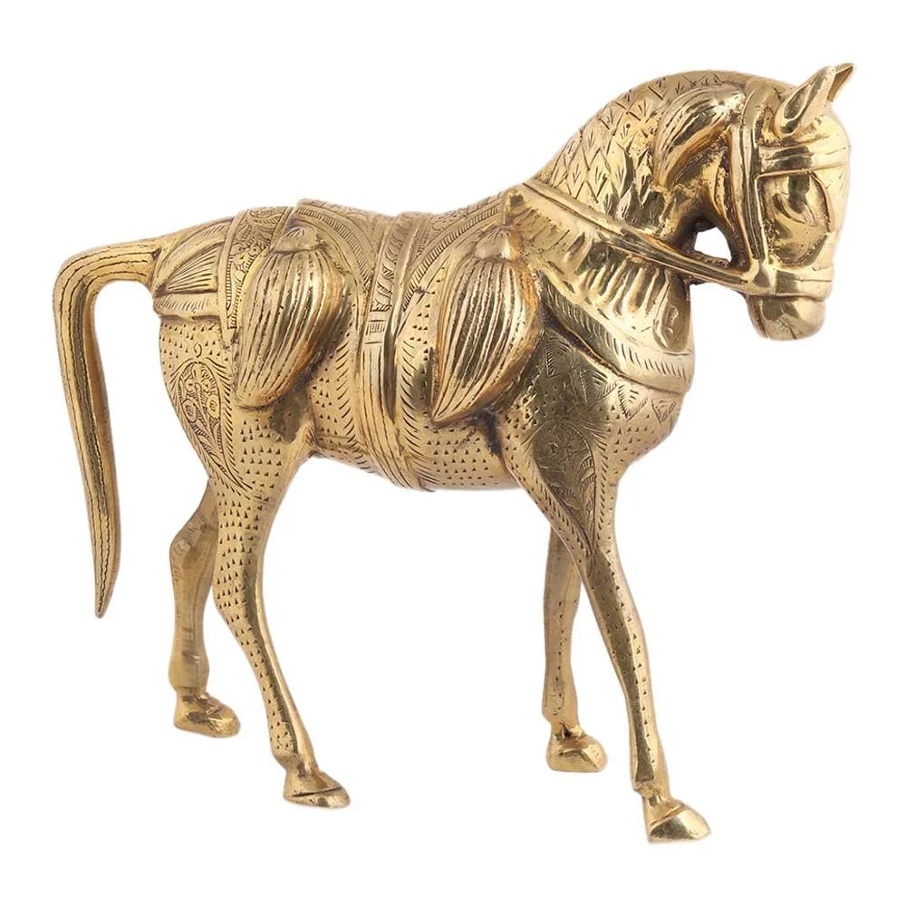 Standing Horse With Intricate Carving - Vintage Brass