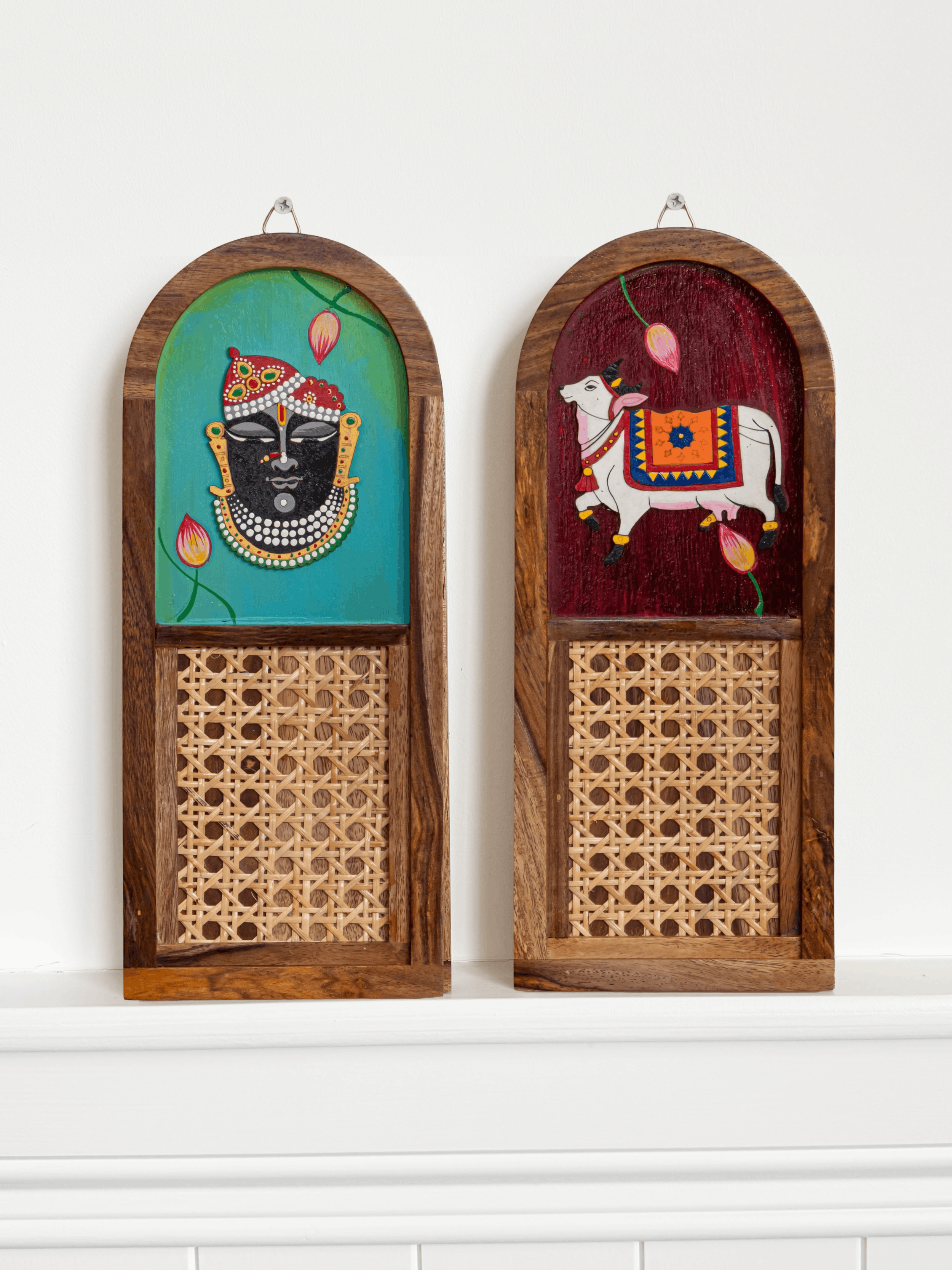 Handpainted Pichwai + Rattan Wooden Wall Plates- Set of Two