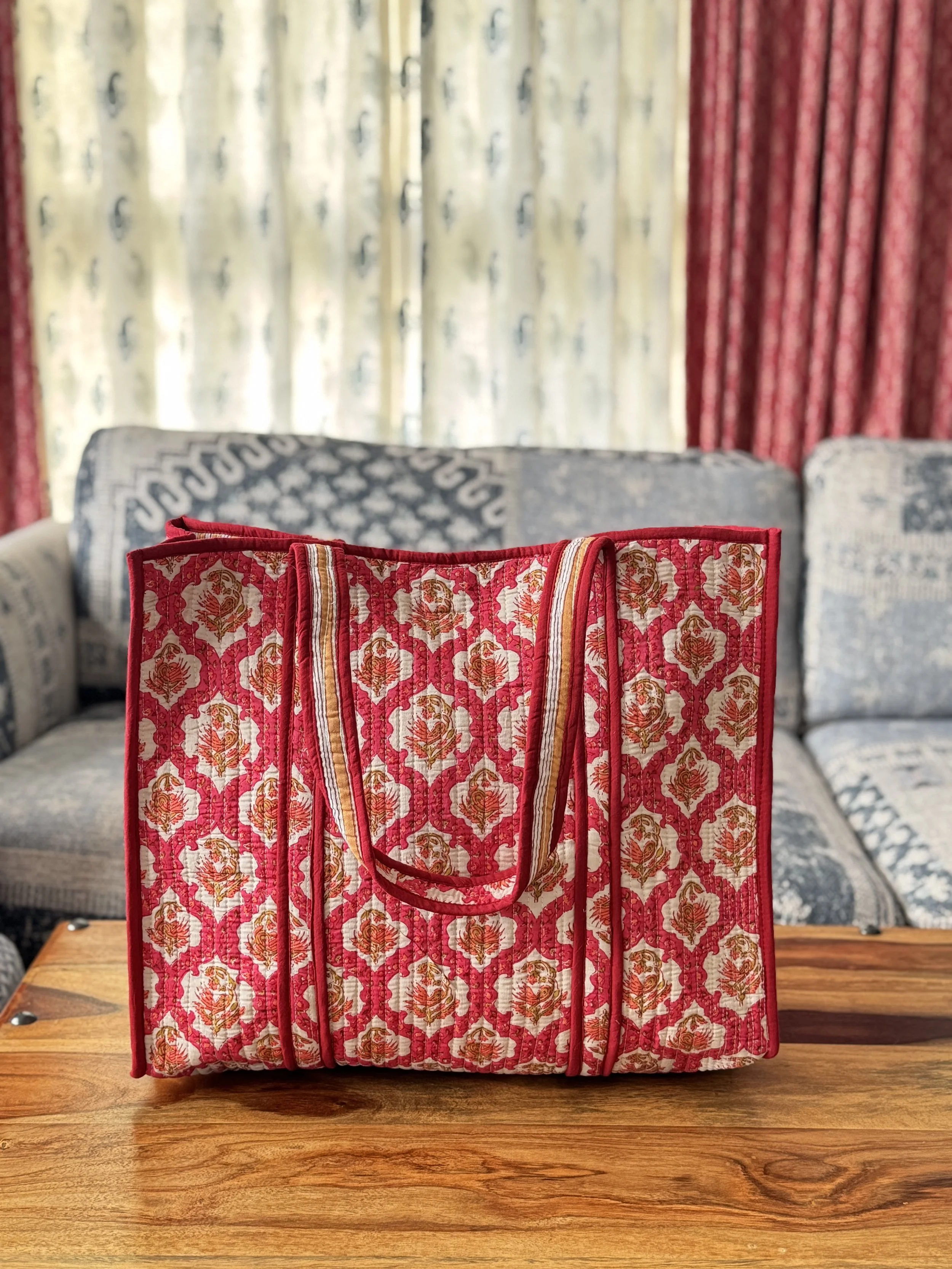 Indian Block print Quilted Cotton Tote Bag- Scarlet