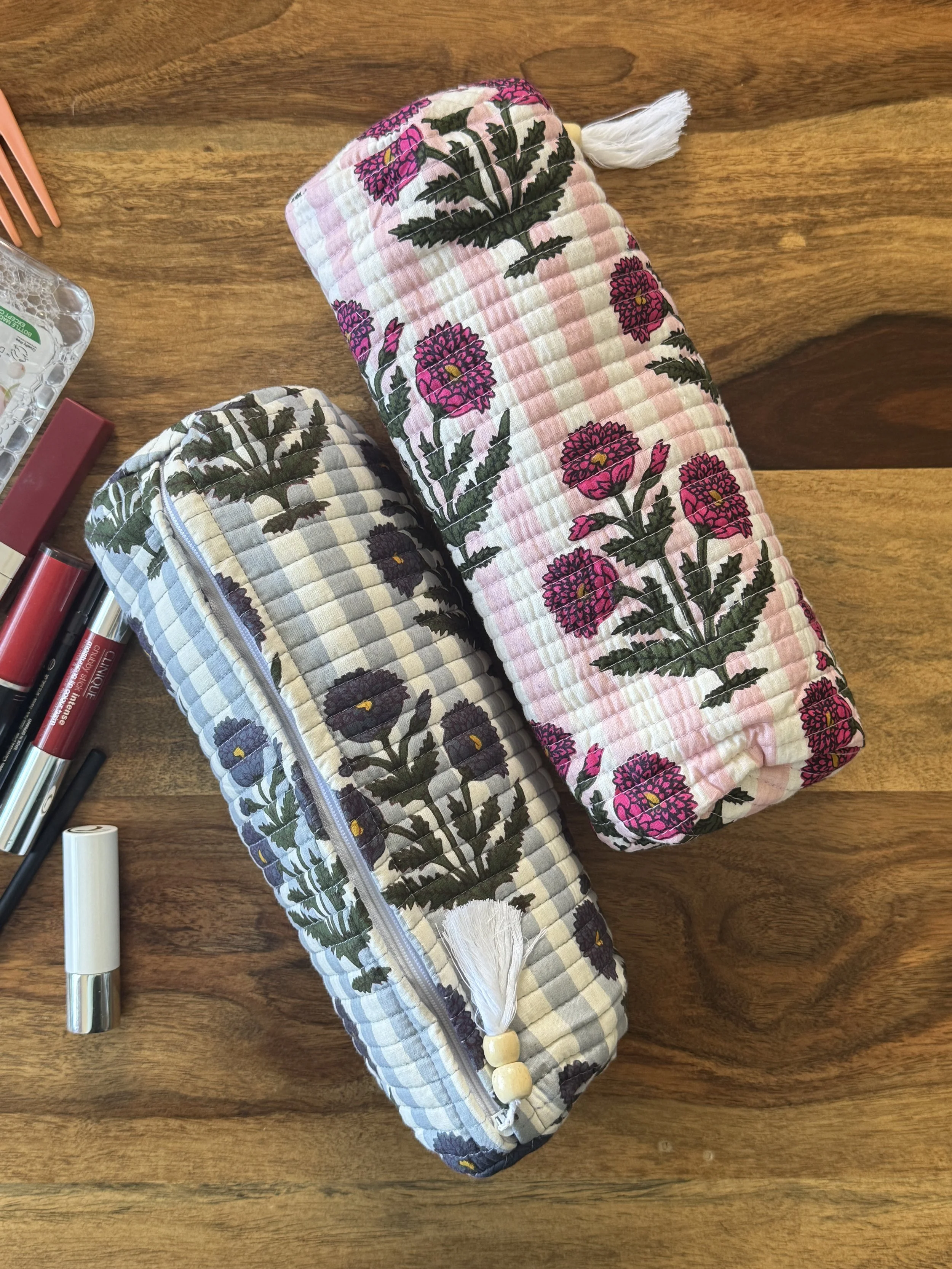 Cotton Quilted Accessory Pouch- Khisa (Pocket)- Soft Pink, Soft Teal