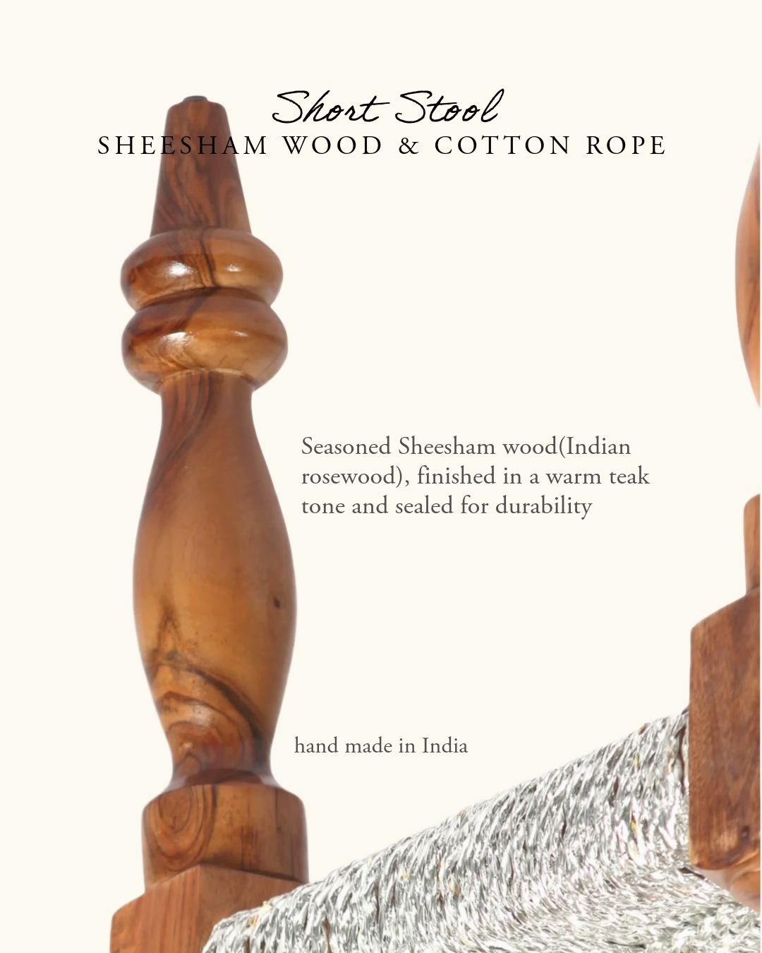 Short Stool, Sheesham Wood & Cotton Rope- Natural Jute & Silver — A ...