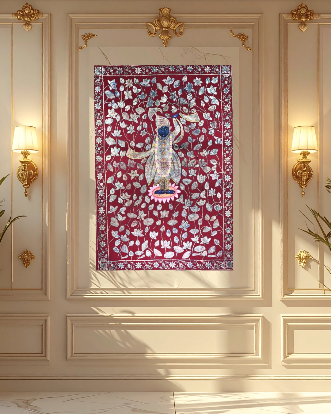 Pichwai Wall Painting- Handpainted, Traditional- Maroon Red