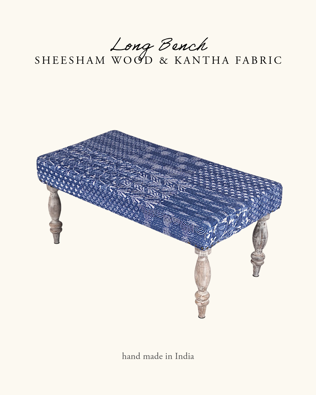 Indian Bench, Sheesham Wood & Cotton Rope- Kantha- Blue Patchwork