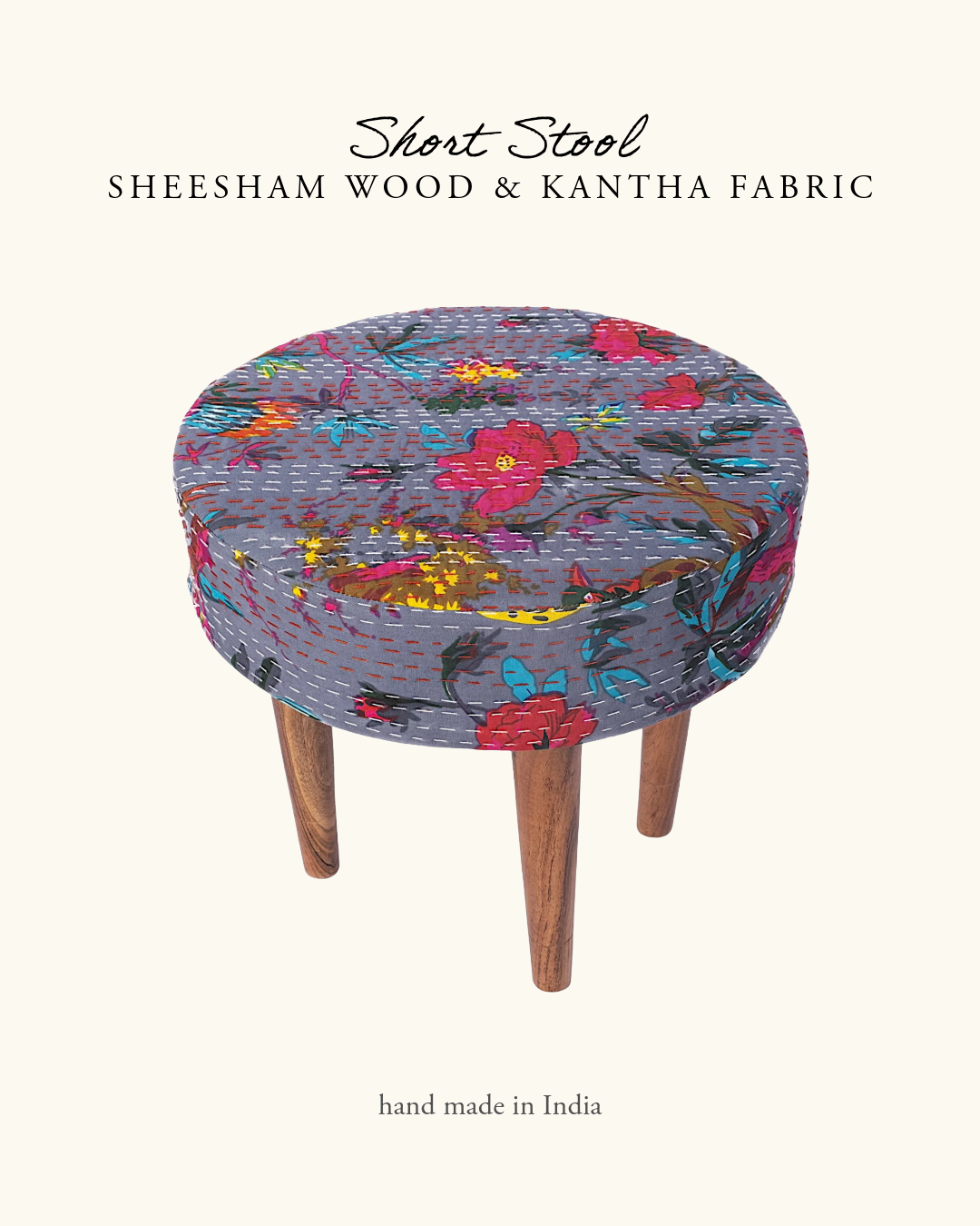 Short Stool, Sheesham Wood & Kantha- Grey Birdie