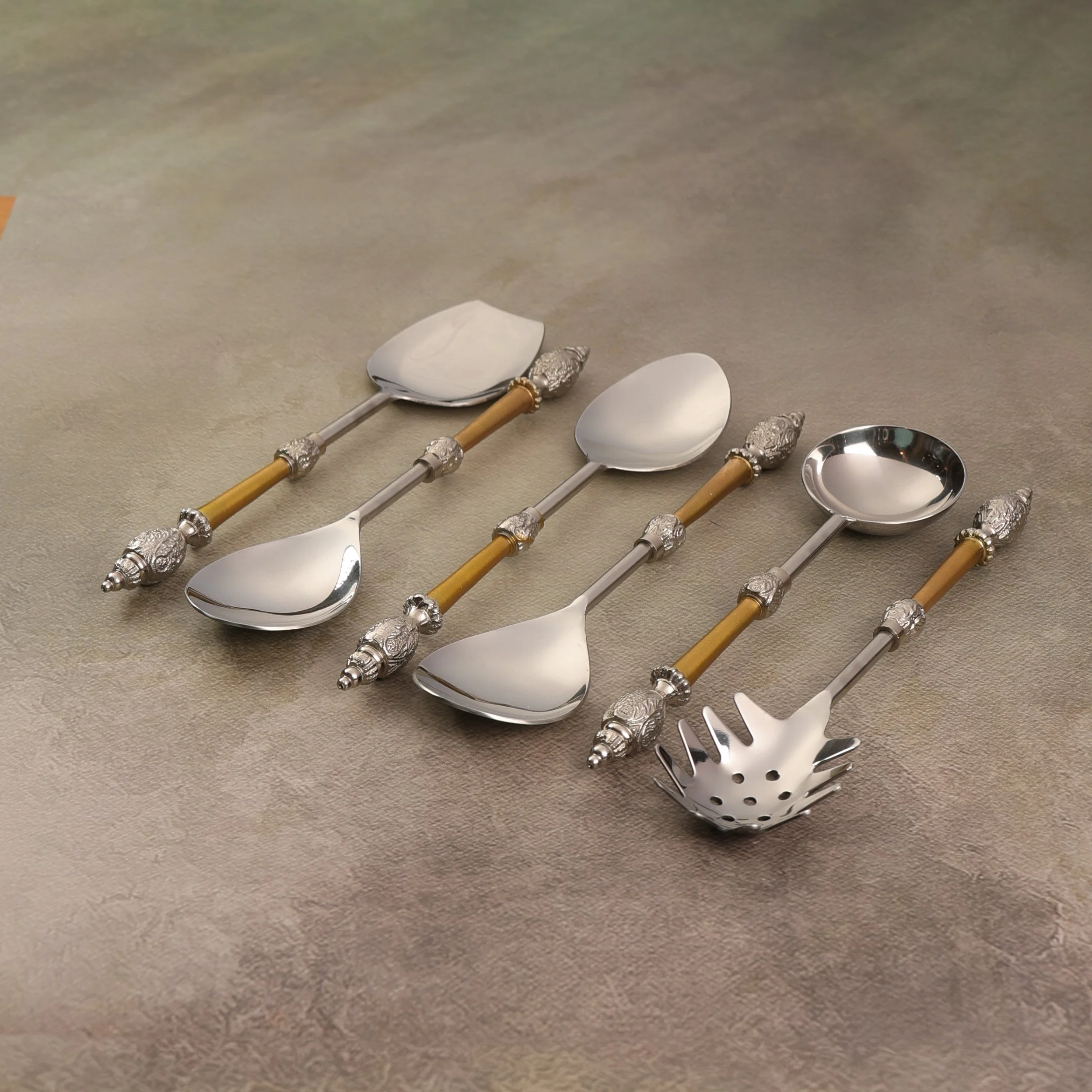 6 Piece Serving Spoons Set- Ornate Gold