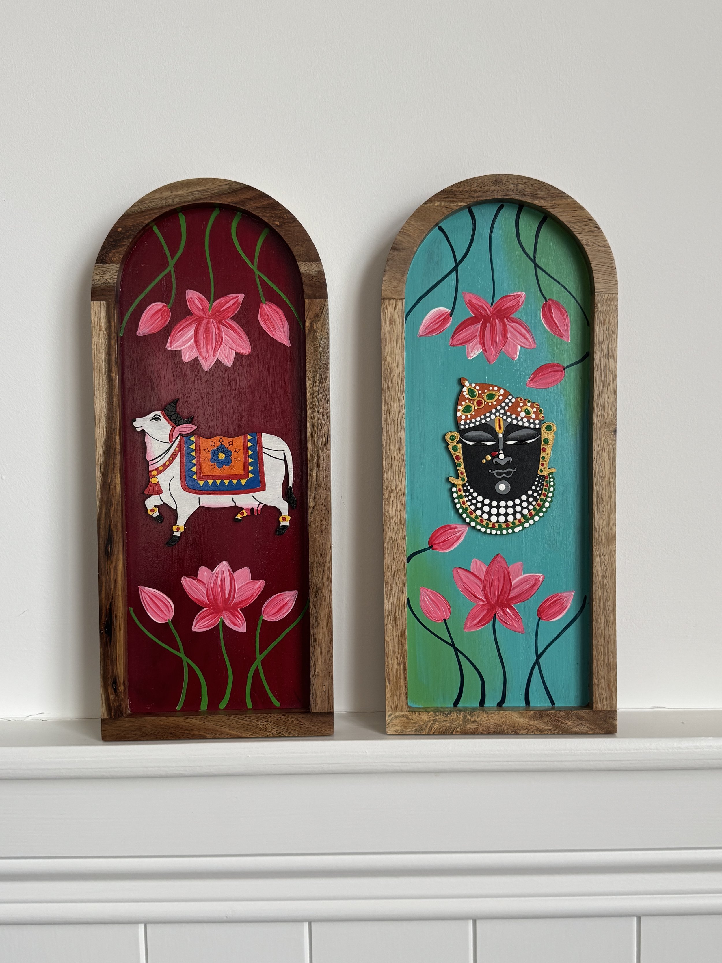 Handpainted Shrinathji, Nandi, Indian religious motifs on wood base