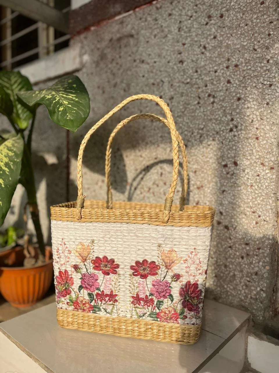 Seagrass Decoupage Basket with Handles - Crimson Meadow