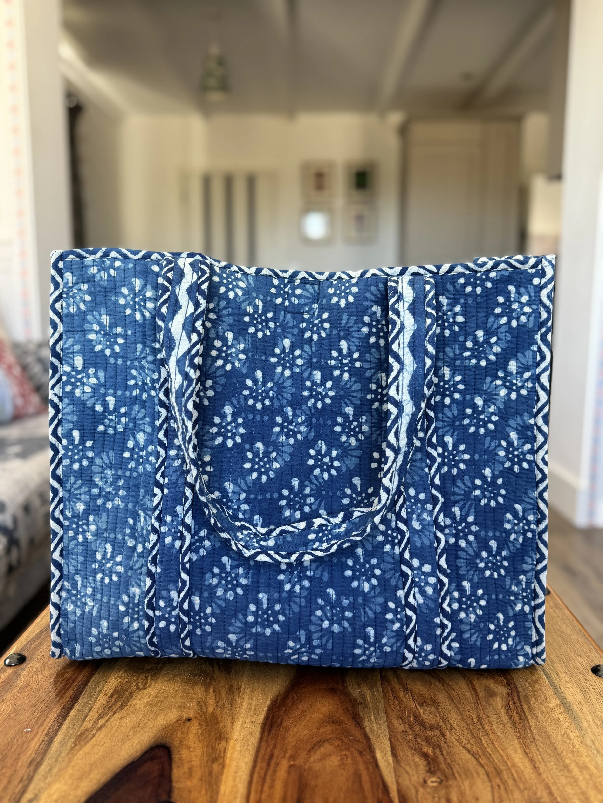 Quilted Cotton Tote Bag – Jaipur Floral Block Print Shoulder Bag- Indigo Butti